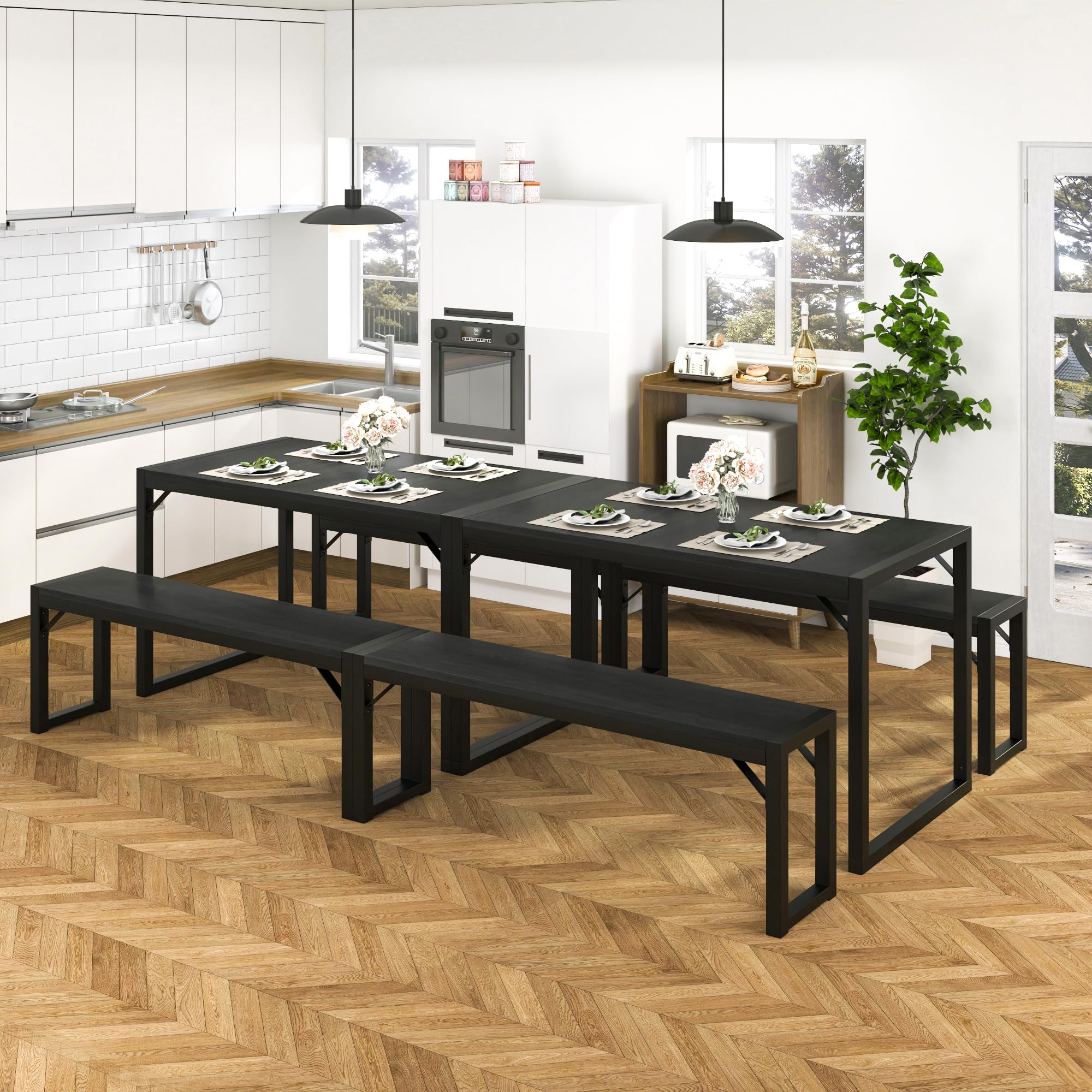Allewie 3-Piece Dining Table Set with Benches - Heavy Duty Metal Space-Saving Kitchen Table for Small Spaces, Black Legs & Wooden Top - Perfect for Apartments, Studios, Living Rooms & Compact Dining Areas