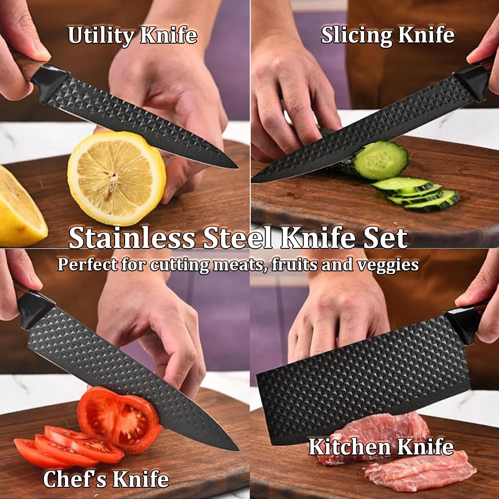 Premium 6-Piece Kitchen Knife Set with Wooden Block - Professional Chef Knives for Slicing, Dicing & Chopping - Perfect for Home Cooking, Restaurant Use & Gift Giving (Black)
