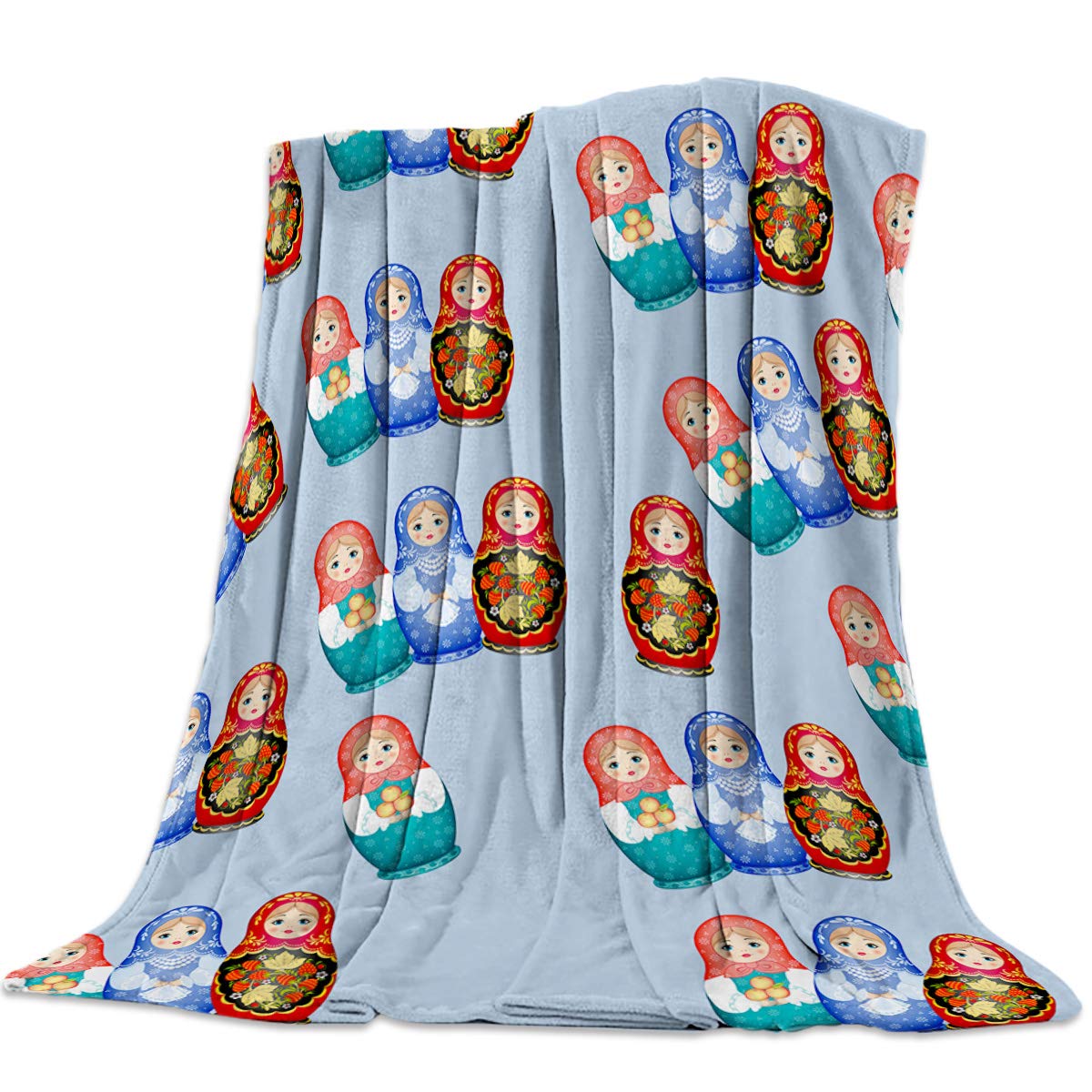 Lightweight Flannel Travel Throw Blanket - Russian Matryoshka Dolls Pattern (49x79 inches) - Soft Bedspread, Couch Cover & Cozy Home Decor for Travel, Camping, and Living Room