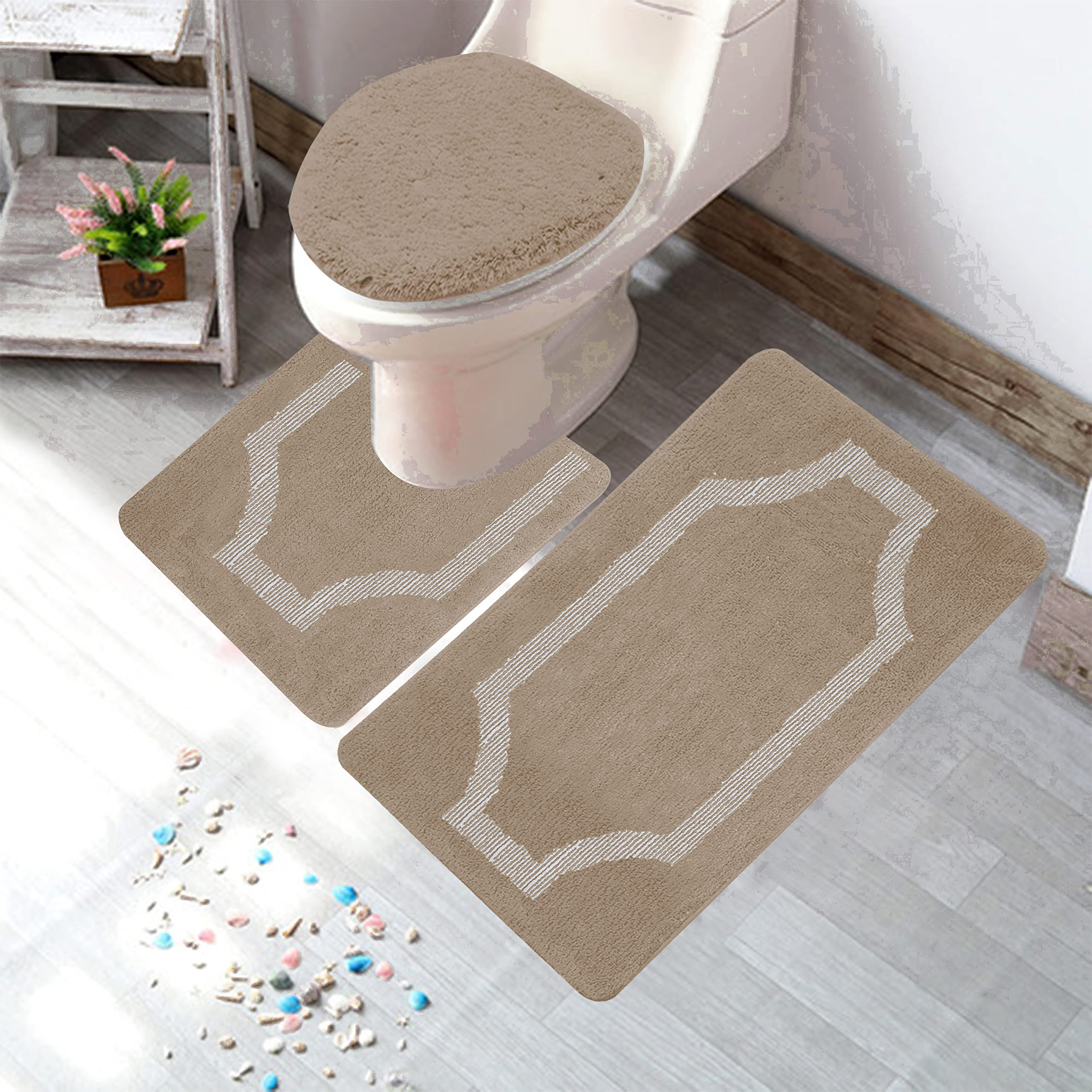 Premium 3-Piece Bathroom Rug Set - Non-Slip Solid Color Bath Mat, Contour Mat & Toilet Lid Cover with Rubber Backing | Modern Beige Home Decor | Perfect for Bathroom Safety & Luxury Spa Experience