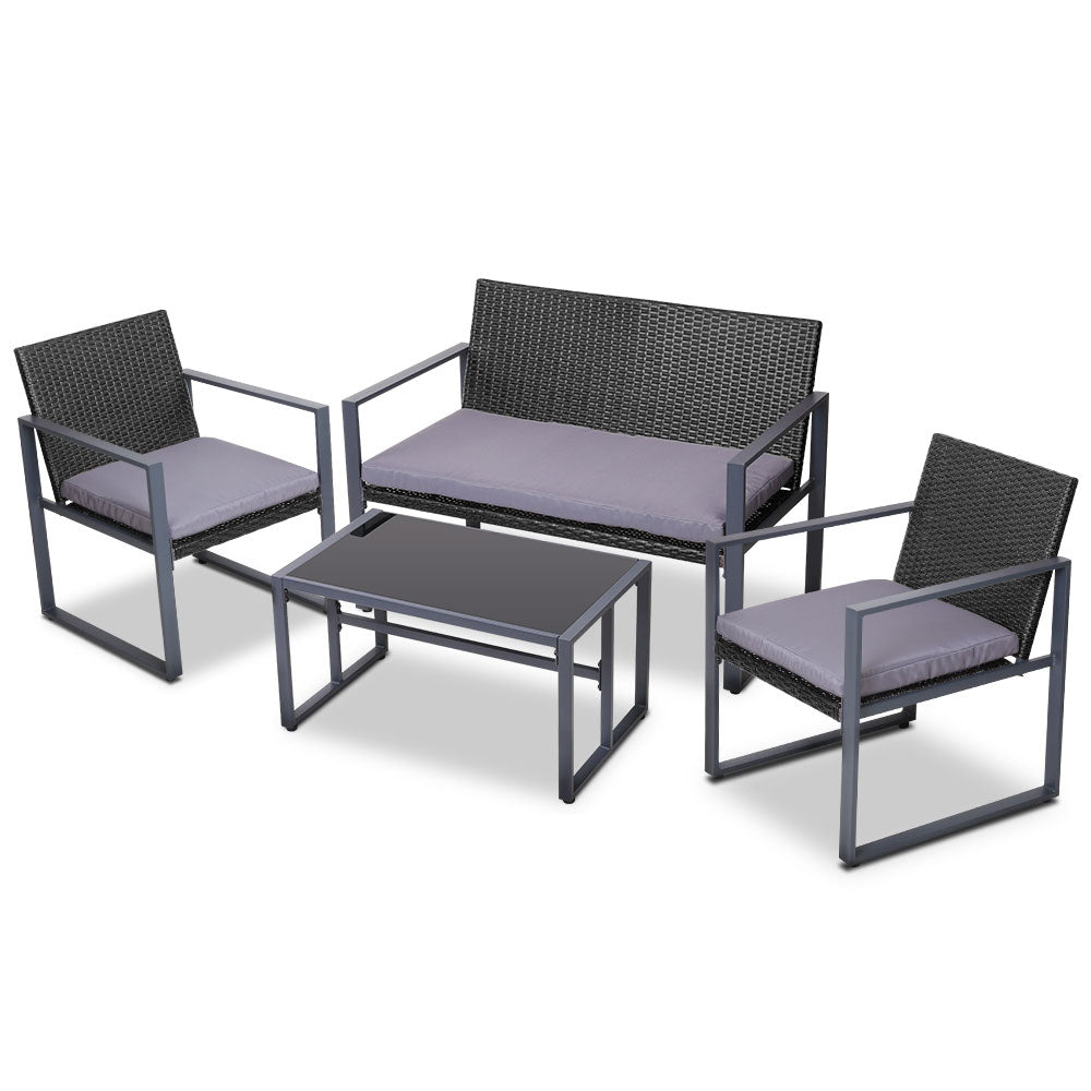 4-Piece Outdoor Rattan Sofa Set with Glass Top Table and Chairs - Black Patio Furniture for Garden, Poolside, and Backyard Relaxation
