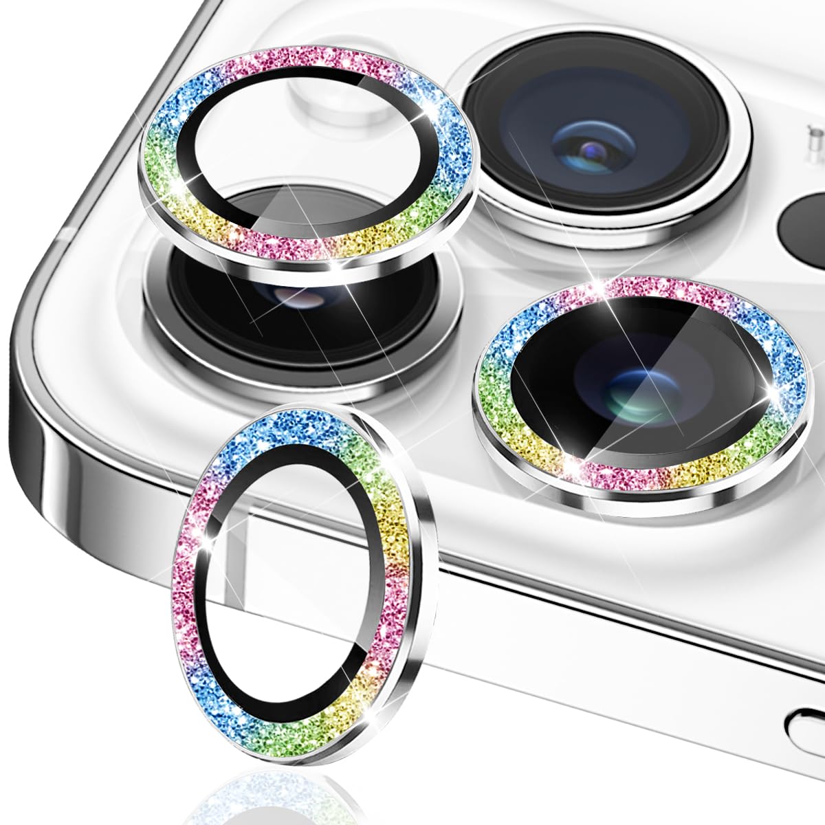 Tempered Glass Camera Lens Protector for iPhone 16 Pro Max & iPhone 16 Pro - Aluminum Alloy Lens Ring Cover with Glitter Colorful Design | Perfect for Outdoor Photography, Travel & Everyday Protection