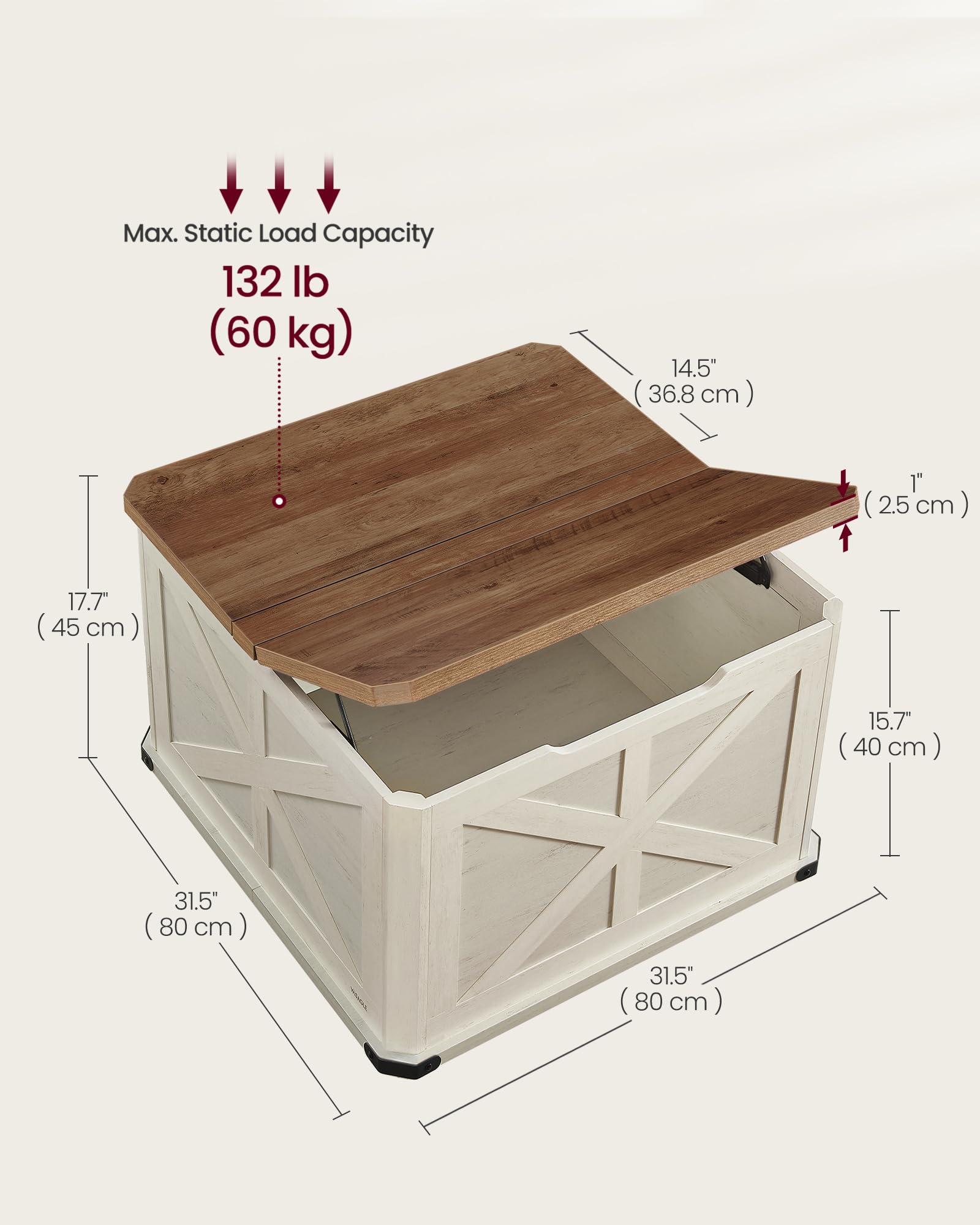 VASAGLE Farmhouse Coffee Table with Storage, Square Living Room Center Table with Flip-Top Lids, Rustic White & Honey Brown - Perfect for Small Spaces, Home Decor, and Coffee Table Books Storage