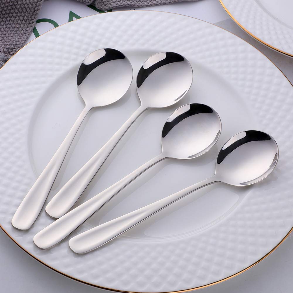 Premium 18/10 Stainless Steel Bouillon Round Soup Spoons - Set of 12, Mirror Polished Silverware for Fine Dining, Restaurants & Home Entertaining - Durable & Dishwasher Safe