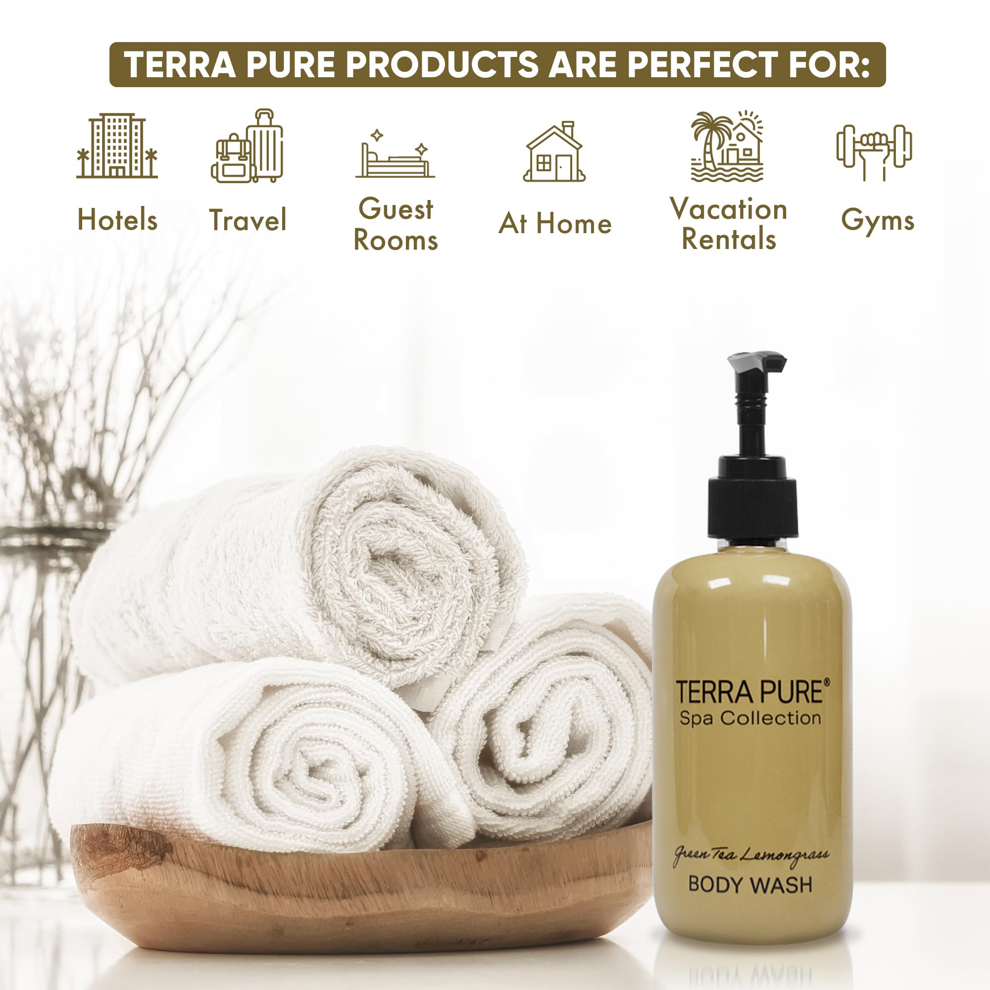 Terra Pure Spa Luxury Body Wash - 10.14oz/300ml Pump Bottle (Pack of 12) | Hotel & Resort Amenities | Moisturizing Shower Gel for Relaxation - Perfect for Home Spa, Travel & Gifting