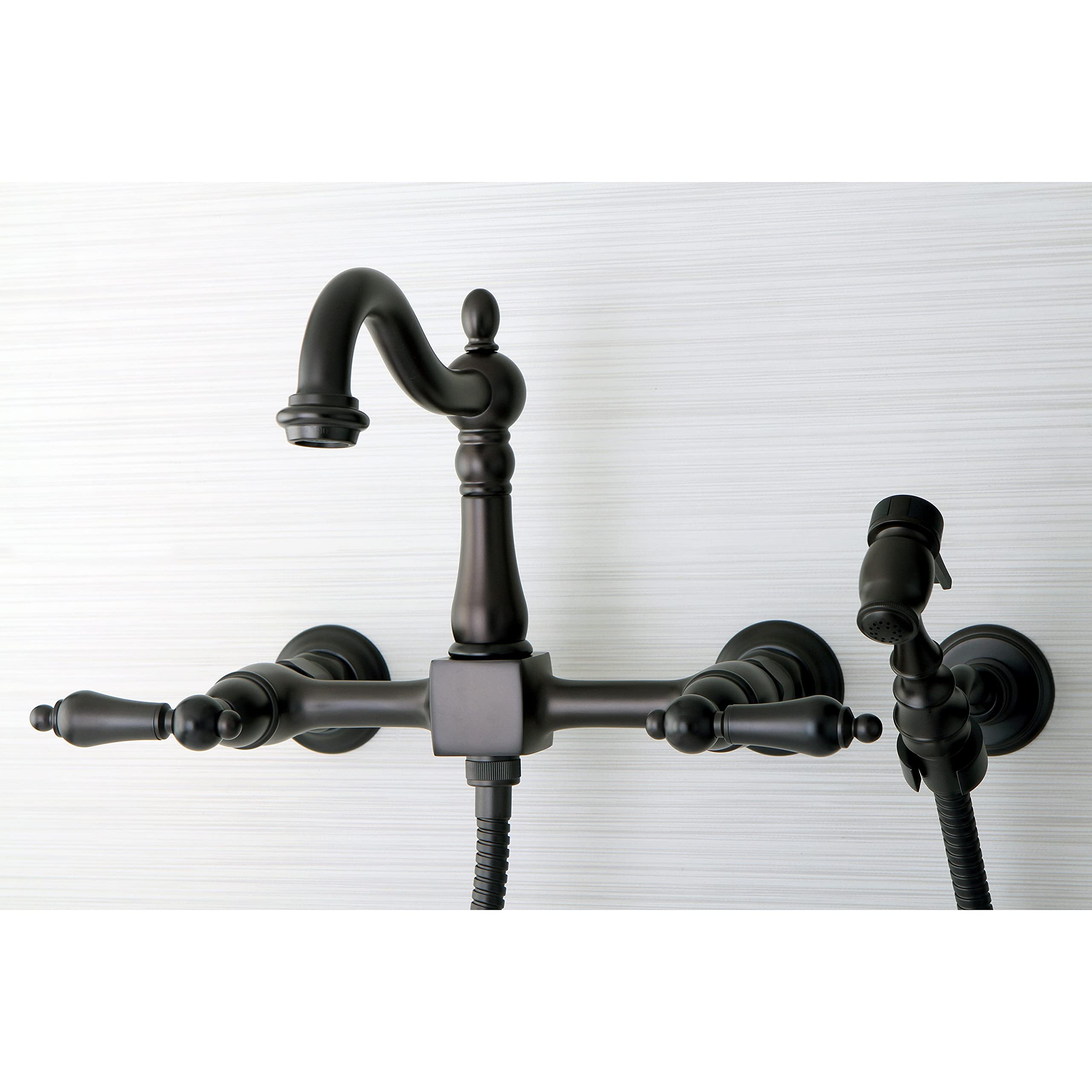 Kingston Brass Victorian Wall Mount Oil Rubbed Bronze Kitchen Faucet with Side Sprayer - Solid Lever Handle - Classic Farmhouse Sink Faucet for Vintage Style Kitchens