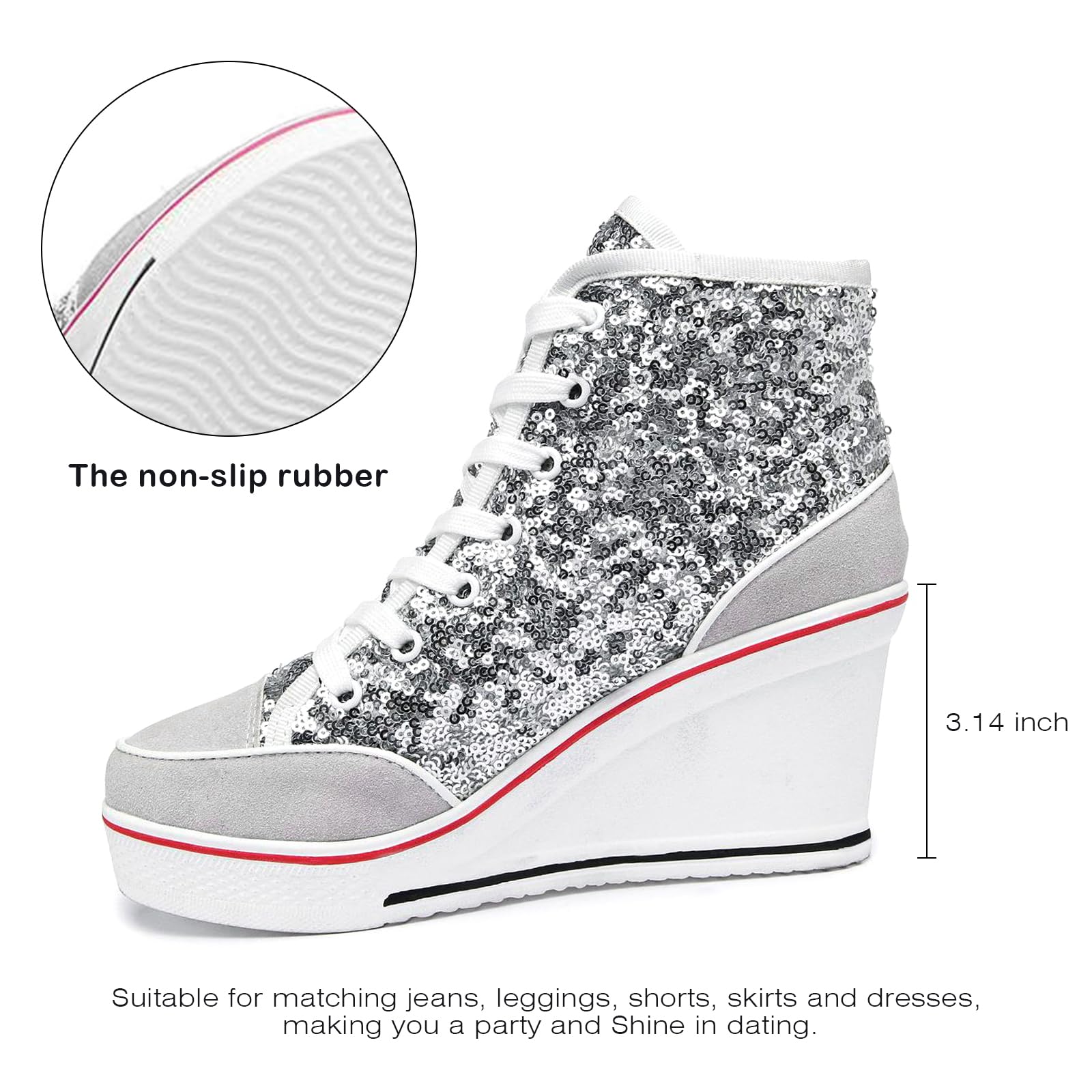 Sparkly Sequin High Top Lace Up Sneakers for Women - Glitter Platform Wedge Shoes for Wedding, Party & Dressy Occasions | Bling Tennis Shoes for Casual Wear & Dance