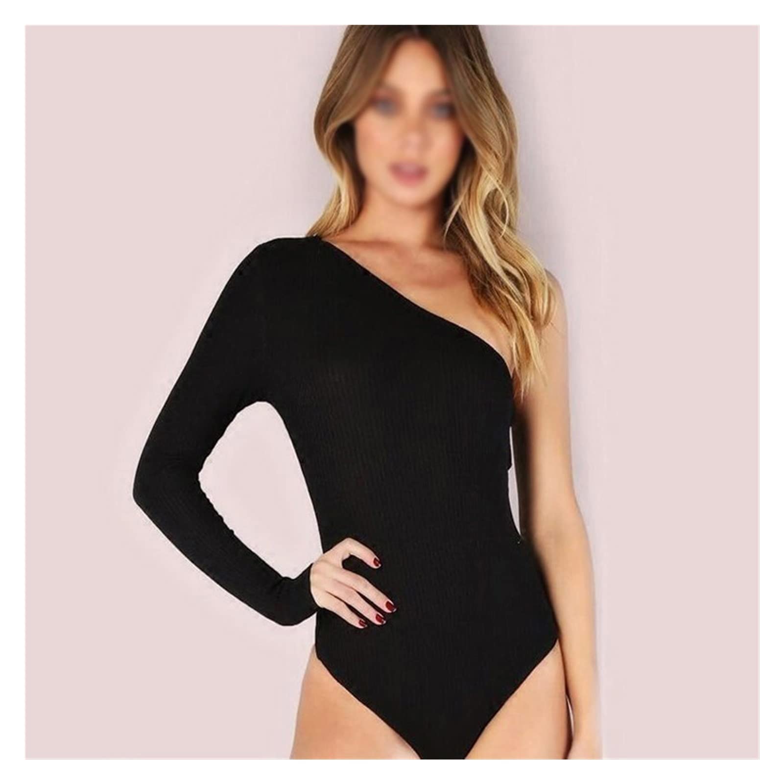 Elegant One Shoulder Long Sleeve Rib Knit Bodysuit for Women - Slim Fit Evening Wear, Black, Size S - Perfect for Date Nights & Cocktail Parties