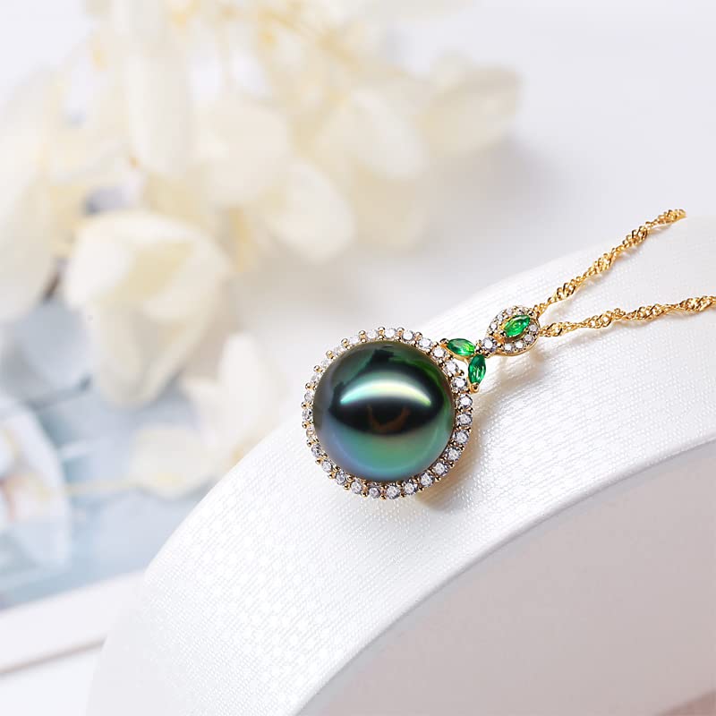 Tahitian Black Pearl Necklace for Women - 12-13mm Genuine South Sea Pearl Pendant in Sterling Silver Plated 18K Gold with Turquoise - Elegant Jewelry Gift for Christmas, Mother's Day & Valentine's Day - Perfect for Weddings, Anniversaries & Special Occasions