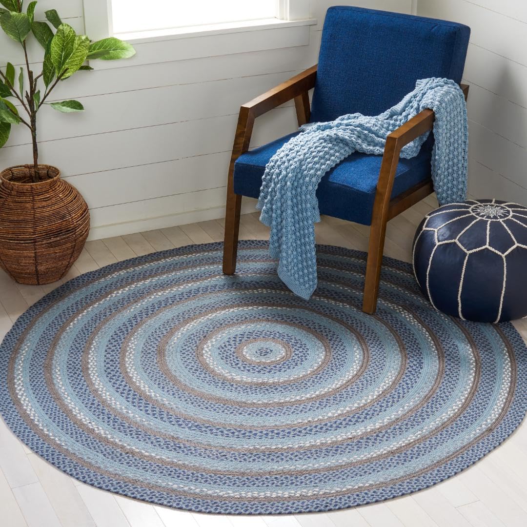 SAFAVIEH Braided Collection 6' Round Blue/Grey BRD257M Reversible Cotton Area Rug - Farmhouse Style, Rustic Decor for Living Room, Bedroom & Entryway