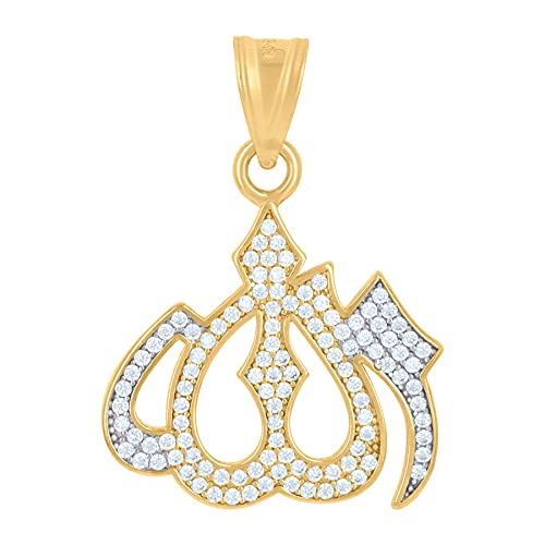 14K Two-Tone Gold Men's CZ Cubic Zirconia Simulated Diamond Allah Pendant Necklace - 29.6x20.7mm Religious Jewelry Gift for Him - Perfect for Ramadan, Eid, Weddings & Special Occasions