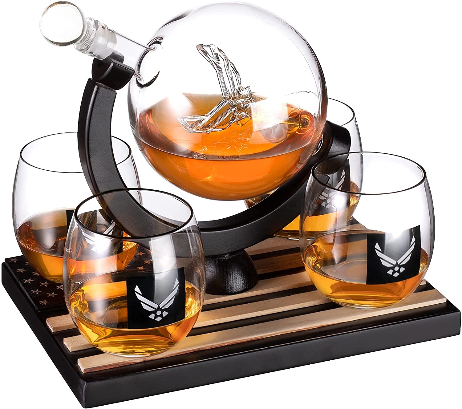 US Air Force Whiskey Decanter Set with 4 Glasses & 9 Whiskey Stones - Wooden Base Bourbon Scotch Gift for Men, Dad, Him - Perfect for Home Bars, Man Caves & Military Themed Parties