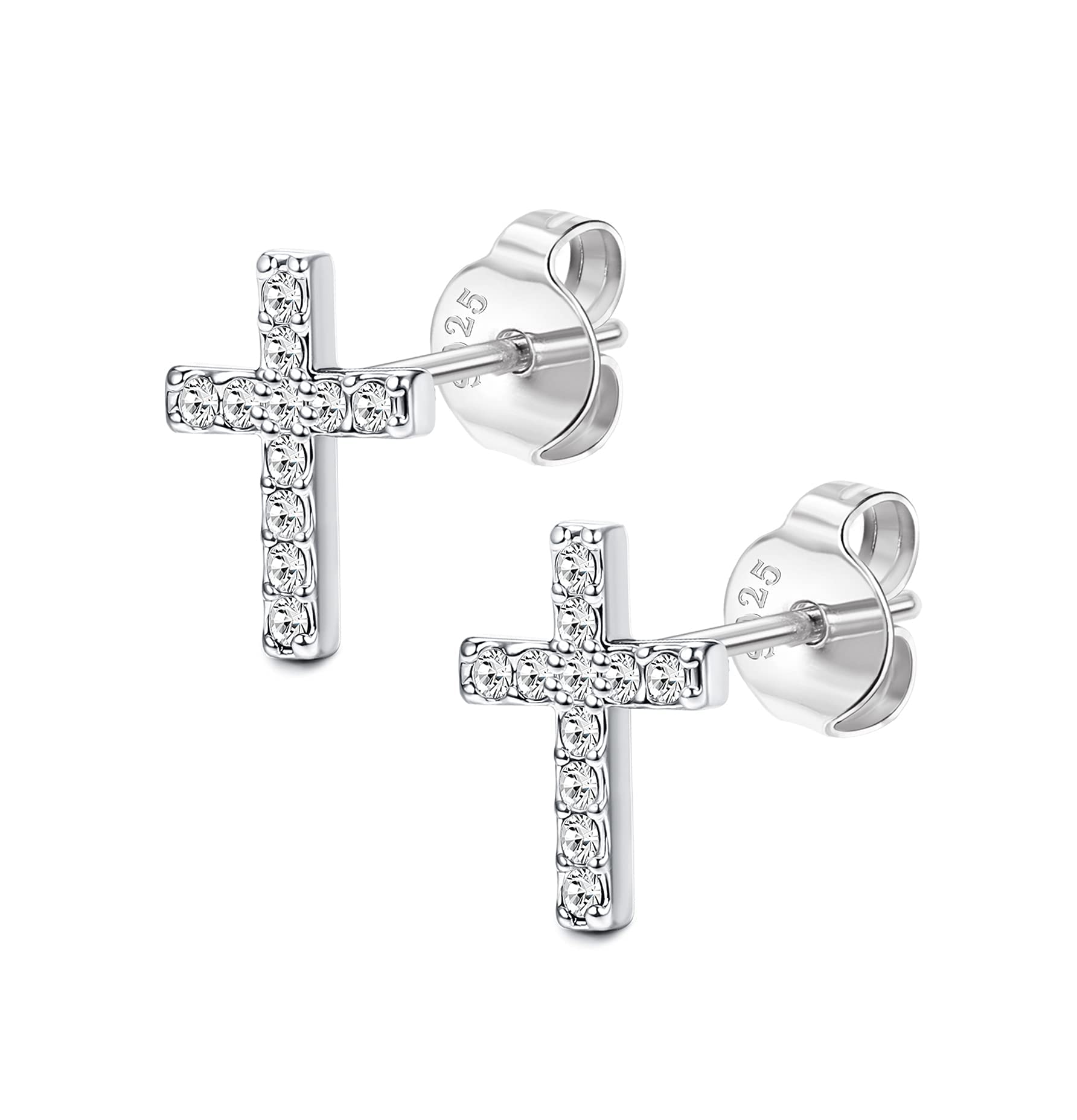 Finrezio 925 Sterling Silver Small Cross Stud Earrings for Women & Men - 14k Gold Plated with Austria Crystal - Perfect for Daily Wear, Gifts & Religious Occasions