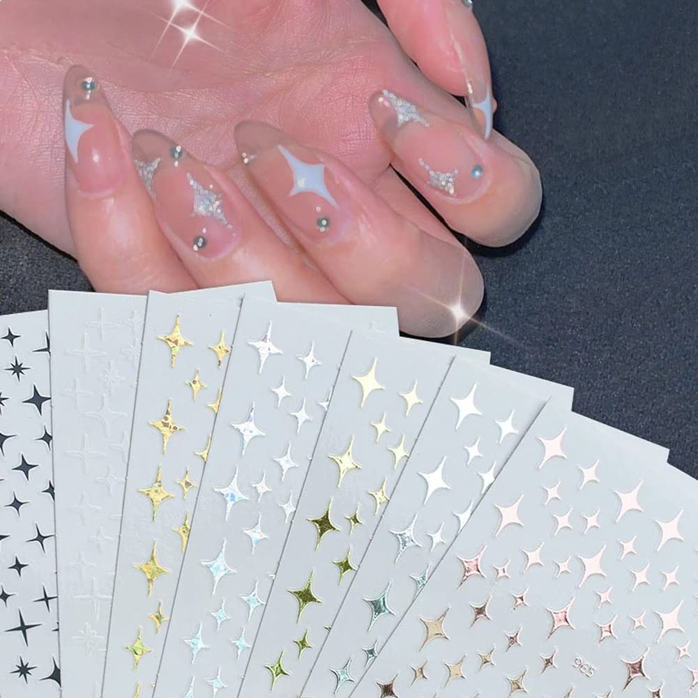 7 Sheets 3D Metallic Stars Nail Art Stickers - Self-Adhesive Glitter Gold Silver White Nail Decals for Acrylic Nails, Manicure & Pedicure | Perfect for Salon, Home DIY Nail Art & Party Nail Designs