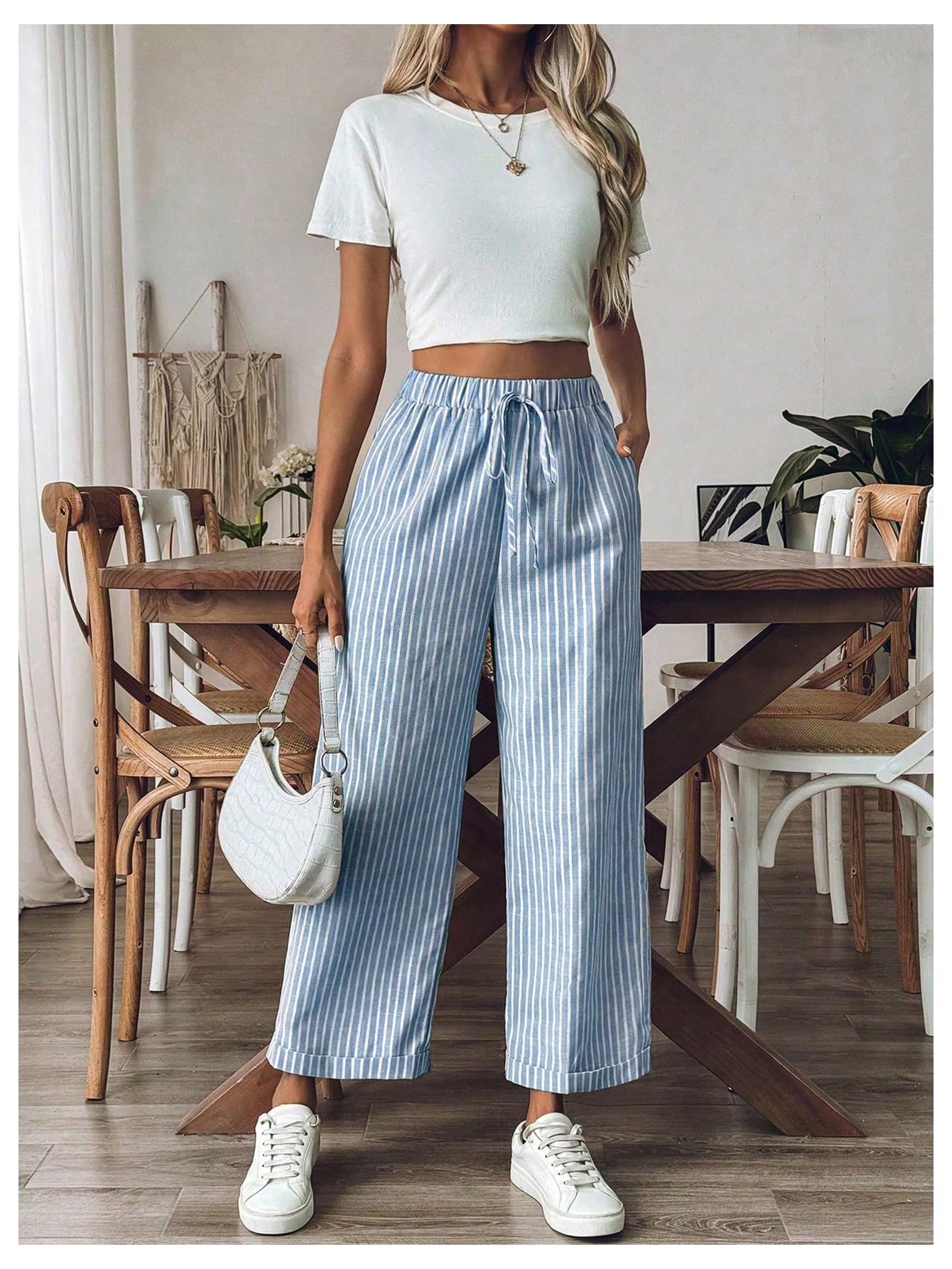 SOLY HUX Women's Striped High Waisted Wide Leg Pants - Tie Front Design with Pockets | Casual & Office Wear for Women | Comfortable Stretch Fabric for Everyday Use