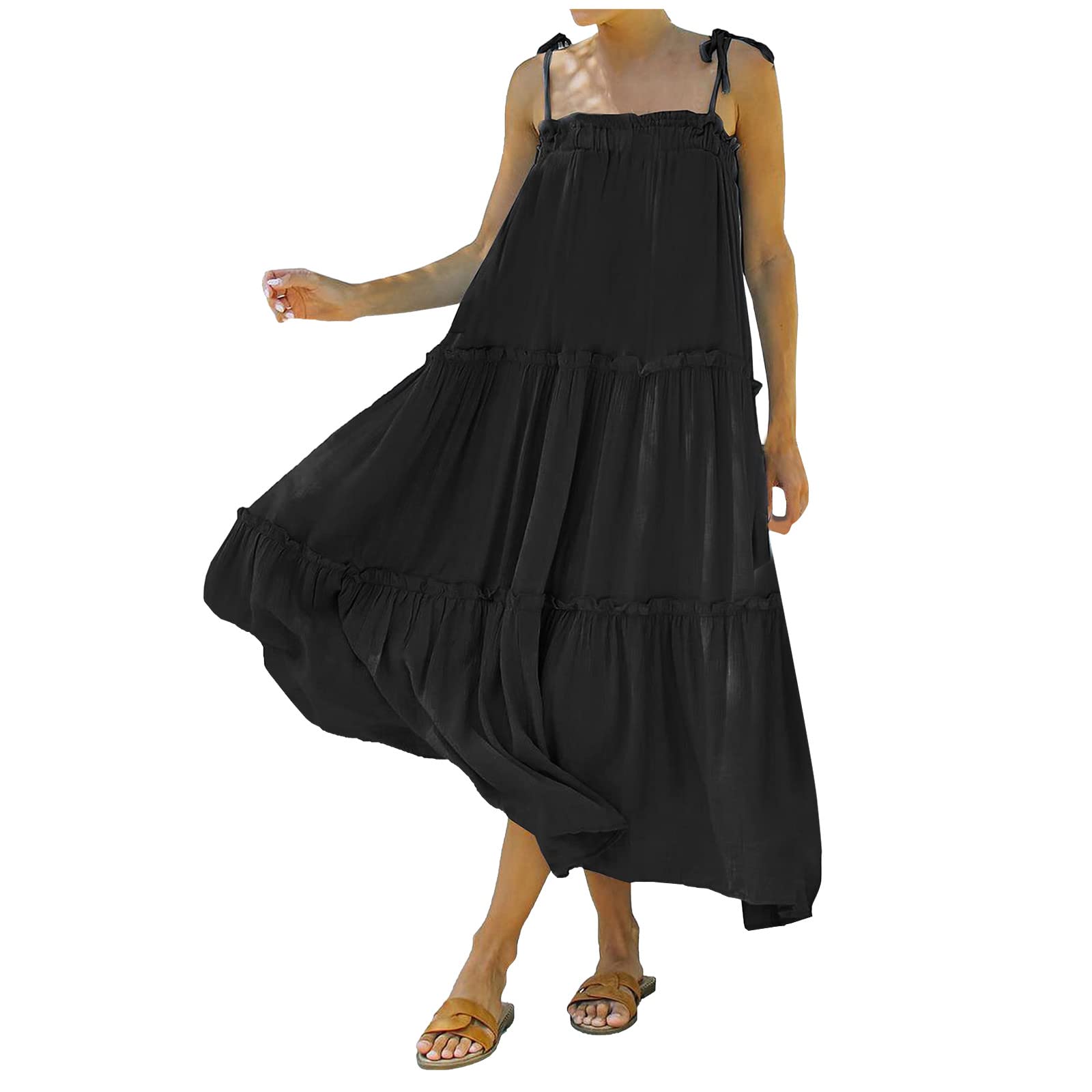 Women's Adjustable Spaghetti Strap Sleeveless Maxi Dress - Casual Loose Pleated Beach Cover Up Dress for Summer Vacation, Pool Party & Boho Outfit (PP63437)