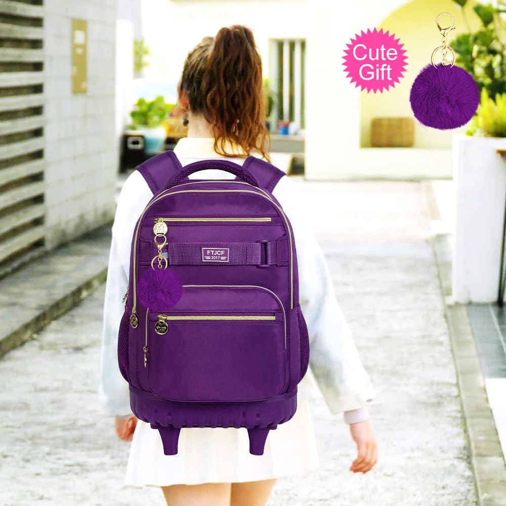 3Pcs Rolling Backpack for Girls & Women - 19 Inch Wheeled Backpack with Lunch Box, Durable School Bookbag with Wheels for Travel & Commuting (Deep Purple) - Perfect for School, College, Work & Airplane Carry-On