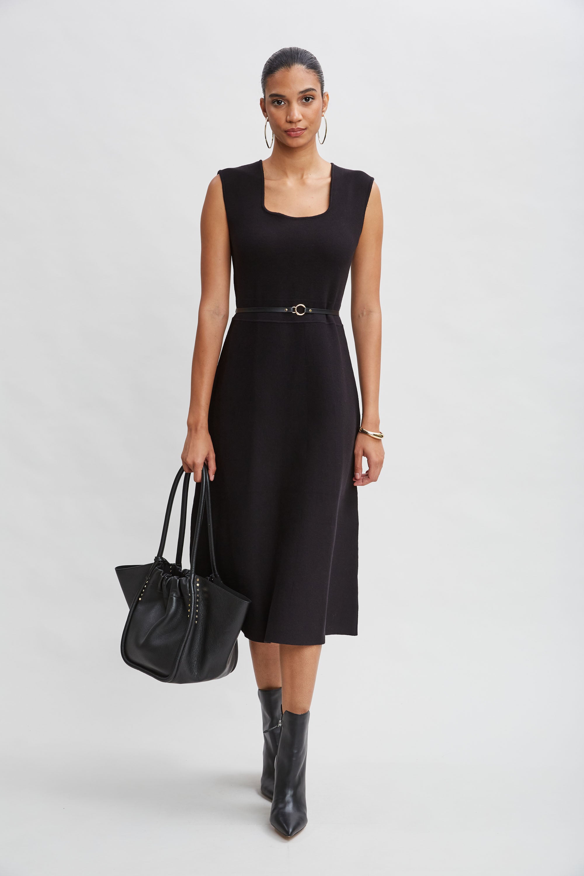 Square Neck Belted Sweater Dress for Women - Cozy Knit Midi Dress with Long Sleeves - Perfect for Fall, Winter & Holiday Parties