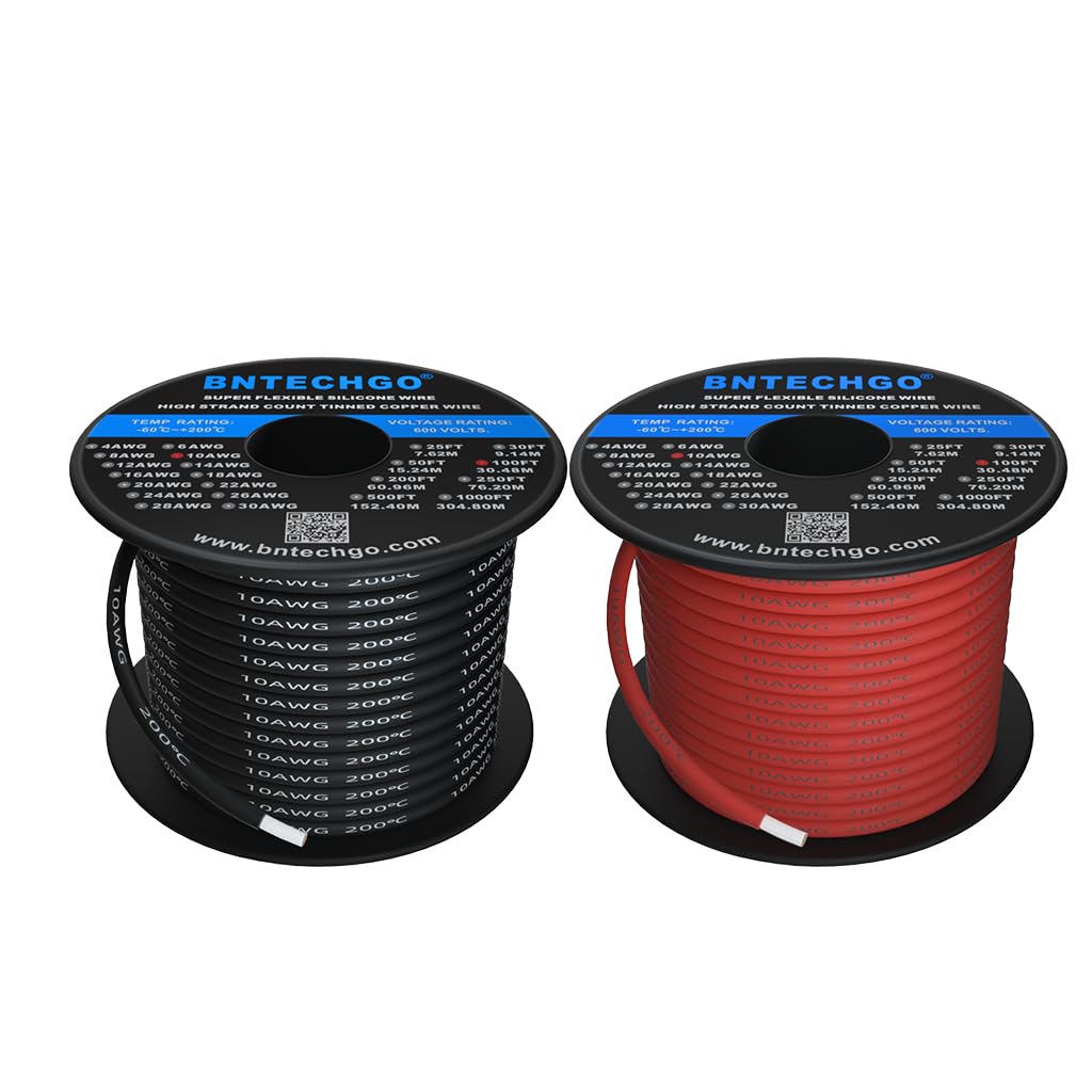 BNTECHGO 10 Gauge Silicone Wire Spool - Red & Black 100ft Each | Flexible 10 AWG Stranded Tinned Copper Wire for Automotive, Marine, and DIY Electronics Projects
