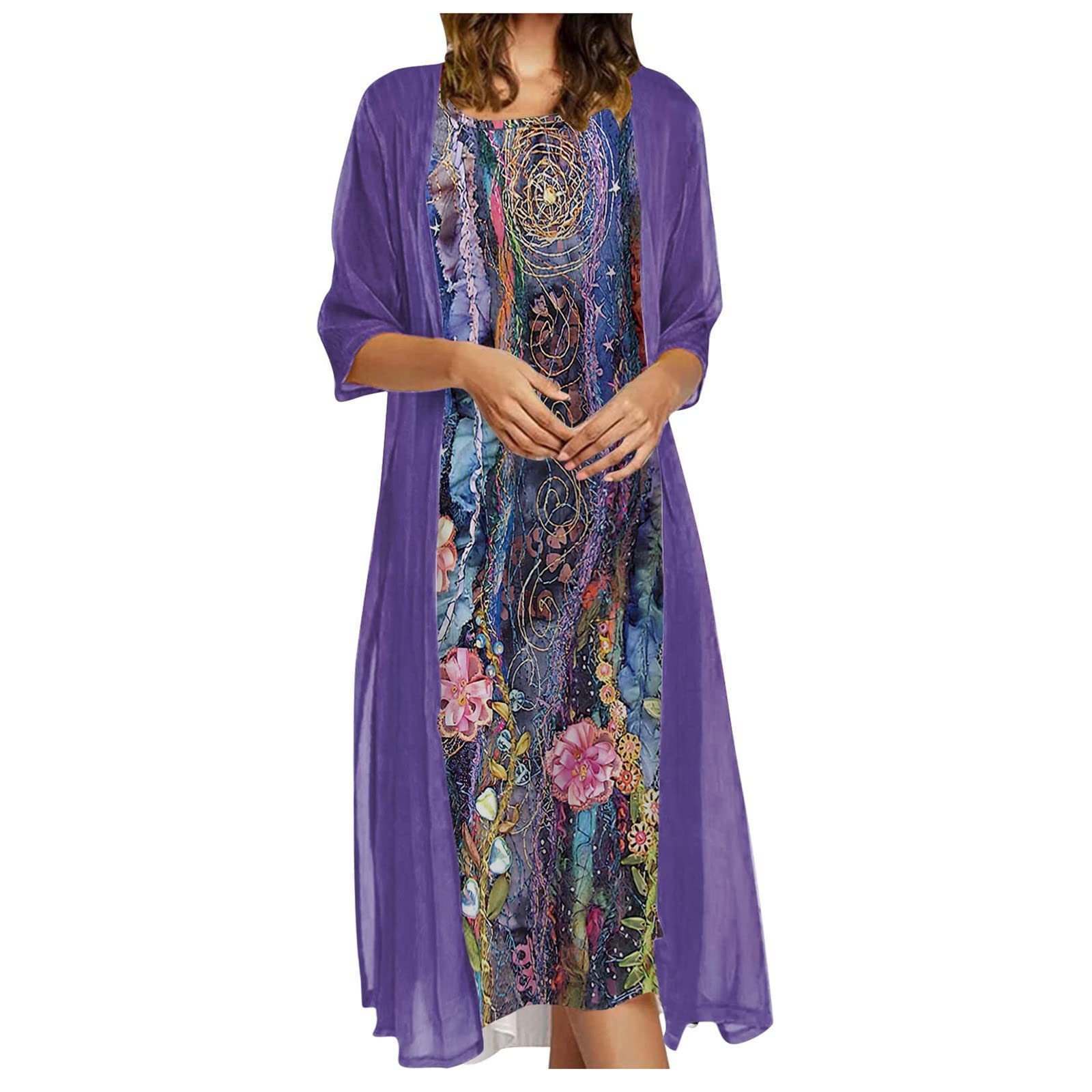 Tpingfe Women's Summer Floral Print Chiffon Two-Piece Dress Set - Flowy Sleeveless Crewneck Maxi Dress for Wedding Guest, Beach Vacation & Casual Wear (Plus Size, Yellow)