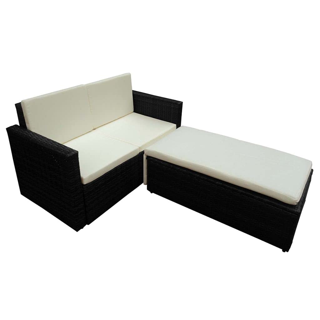2-Piece Black Poly Rattan Garden Lounge Set with Cushions - Outdoor Patio Furniture Sofa & Conversation Set for Backyard, Deck, Poolside Relaxation