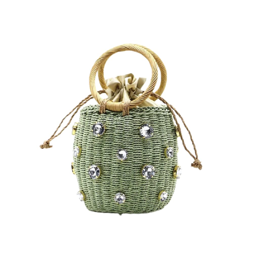 2022 New Handmade Rhinestone Crystal Embellished Straw Bag - Small Straw Bucket Bag for Women, Fashionable Travel Purse & Handbag - Perfect for Beach Vacation, Summer Outings and Boho Style Accessories