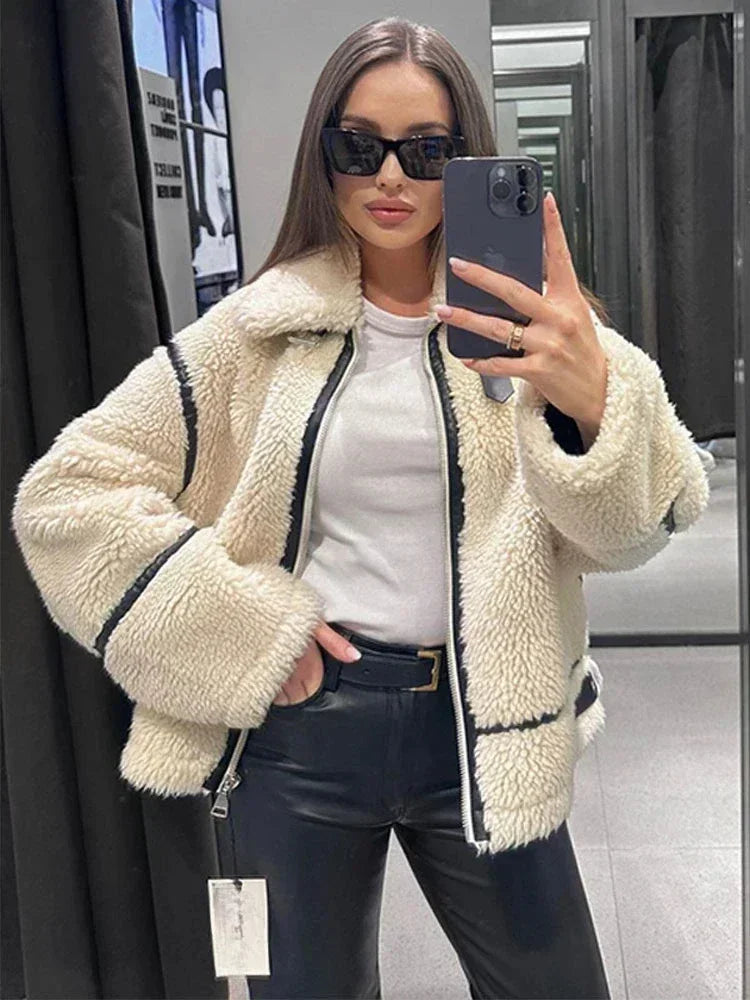 Women's Faux Fur Jacket with Zipper - Warm Winter Coat Long Sleeve Lapel Outerwear for Cold Weather | Cozy Casual Style for Fall and Winter Outfits, Office Wear, Date Nights and Outdoor Activities
