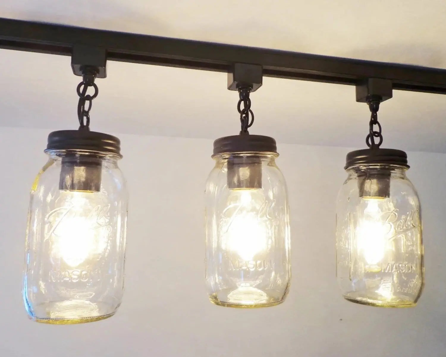 Vintage Mason Jar Track Lighting Set - 3 Pack Quart Jars with Rustic Chains for Farmhouse & Industrial Decor - Perfect for Kitchens, Restaurants, and Wedding Centerpieces