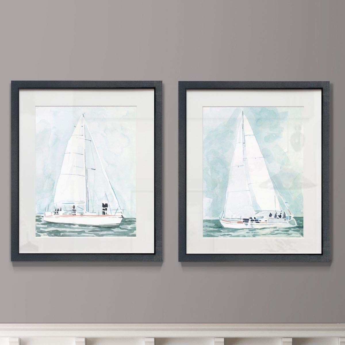 Distressed Black 2-Piece Framed Wall Art Set - Nautical Theme with Coral, Sailboat, Oyster & Ship Designs - Ready to Hang 16x20 Canvas Prints - Perfect for Beach House, Coastal Decor or Living Room Wall Art