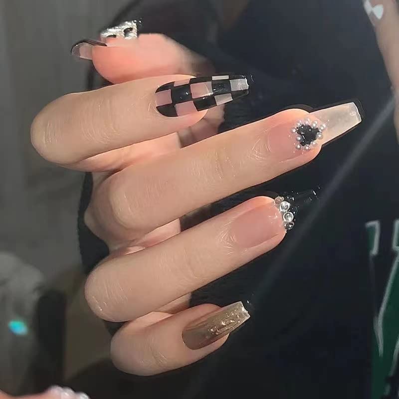 24pcs Coffin Press on Nails - Glossy Acrylic False Nails with Black Heart Chessboard Design for Women & Girls, Easy DIY Manicure at Home or Party