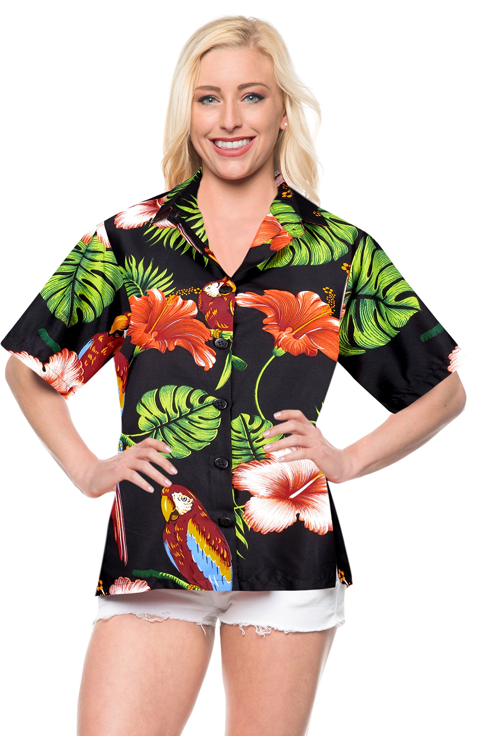 LA LEELA Women's Short Sleeve Hawaiian Beach Blouse Shirt - Floral Print Vacation Top for Summer, Beach Party, and Tropical Getaways