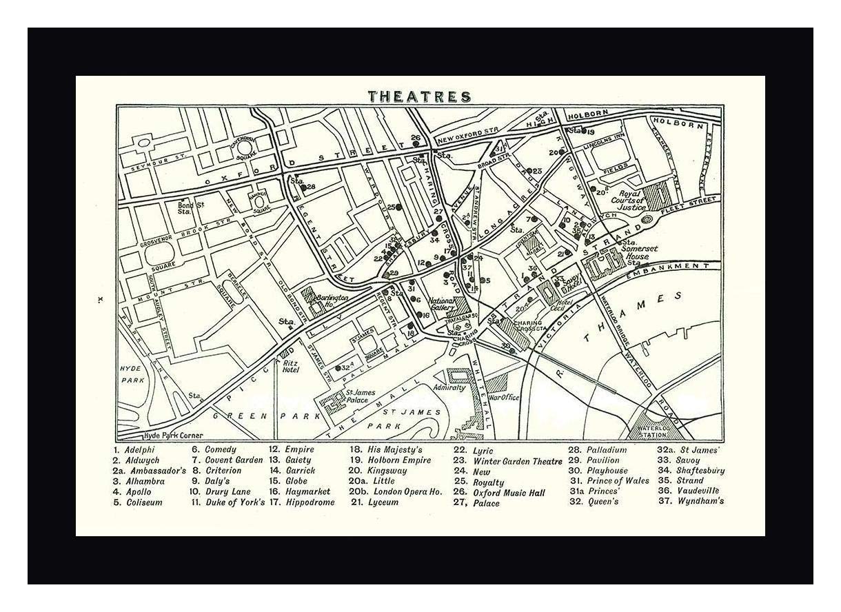 Bartholomew 1921 London Theatres UK Vintage Map - 25x36 Inch Framed Canvas Wall Art Print with Black Frame - Ready to Hang - Perfect for Home Office, Living Room Decor & British History Enthusiasts