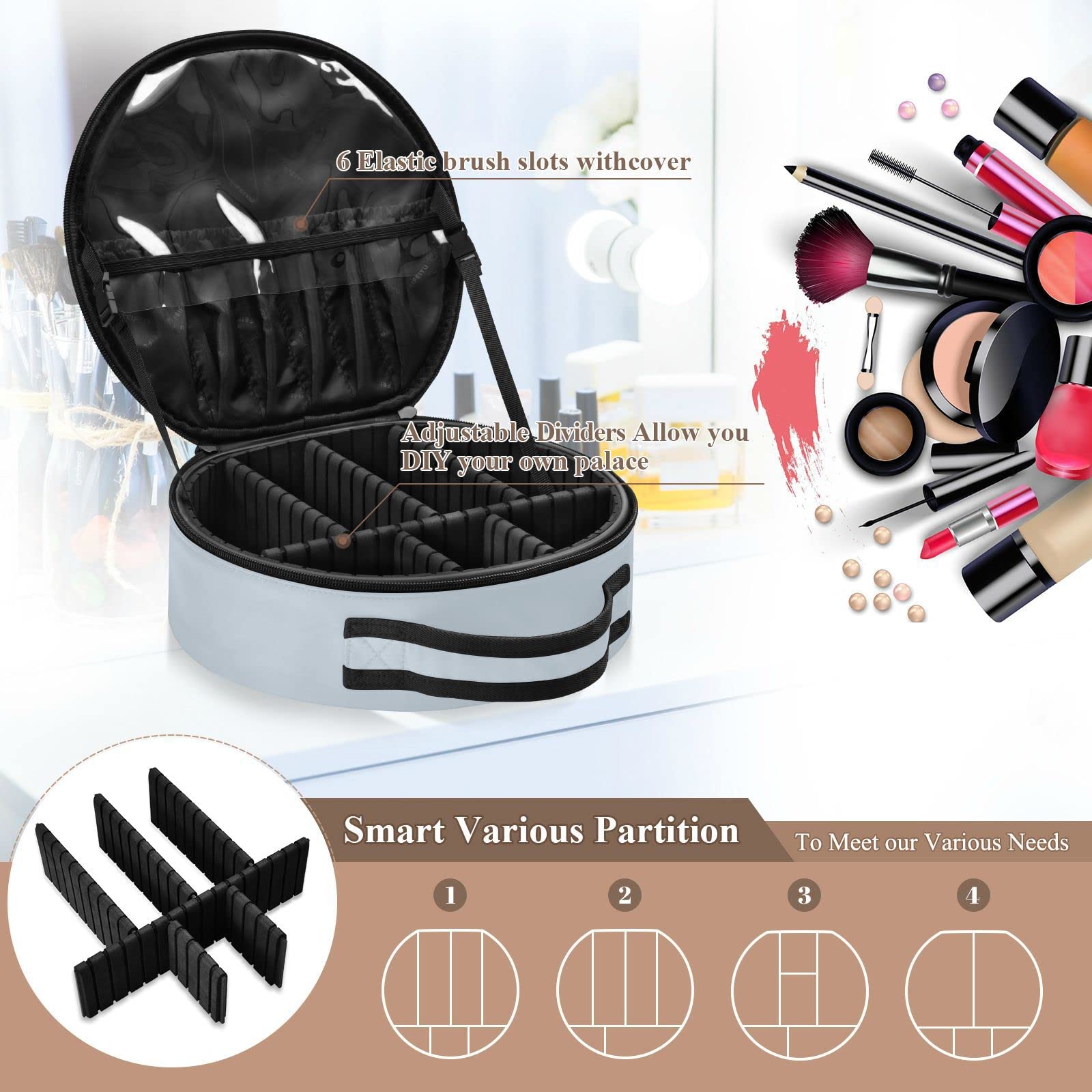 Linqin Travel Makeup Case for Women - Portable Cosmetic Organizer with Adjustable Dividers, Cute Happy Cat Design - Perfect for Jewelry, Brushes & Toiletry Storage | Ideal for Travel, Home & Salon Use