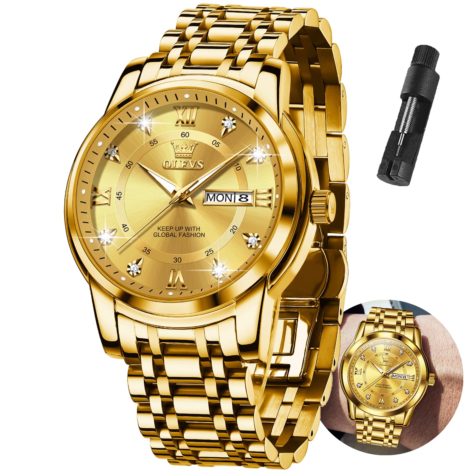 OLEVS Men's Watches - Big Face Stainless Steel Diamond Analog Quartz Day Date Waterproof Watch for Men | Perfect for Business, Casual & Formal Occasions | Relojes para Hombre
