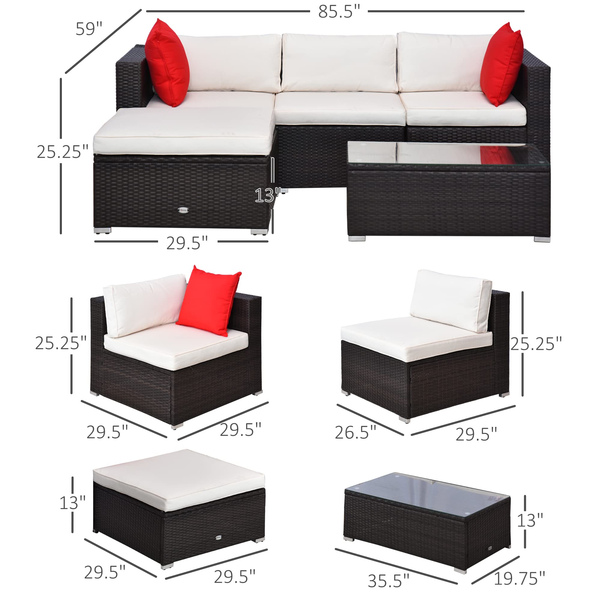 Outsunny 5-Piece Patio Furniture Set with Cushions & Glass Coffee Table - PE Rattan Wicker Sectional Sofa Set with Pillows for Garden, Backyard, Poolside (Brown/Cream White) - Perfect for Outdoor Relaxation & Entertaining
