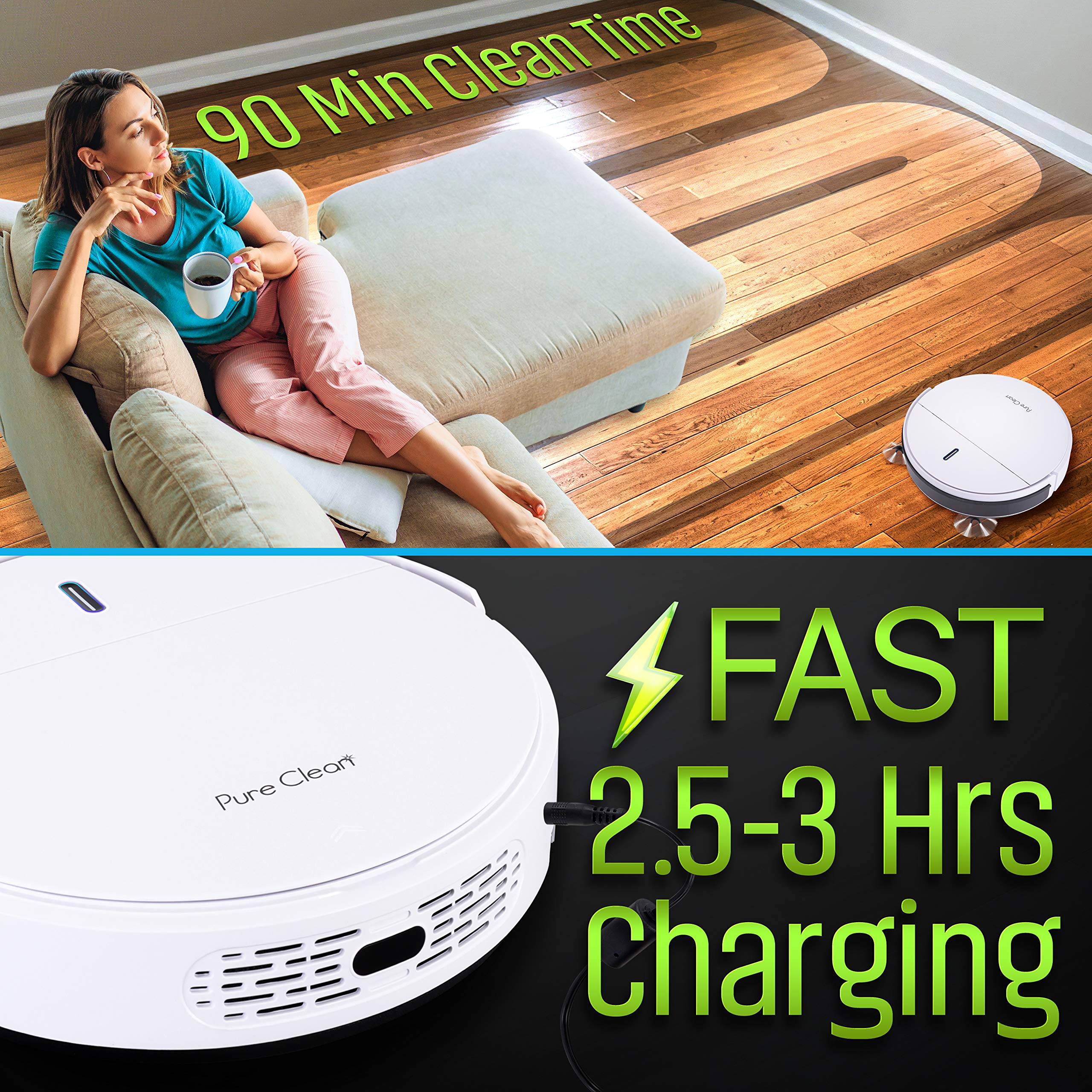 PURE CLEAN Smart Automatic Robot Vacuum Cleaner with Self-Charging Dock - Powerful Robotic Vacuum for Carpets, Hardwood Floors & Tile - Anti-Drop Sensors, Auto Activation - Ideal for Pet Hair, Daily Home Cleaning (PUCRC95PLUS.9)