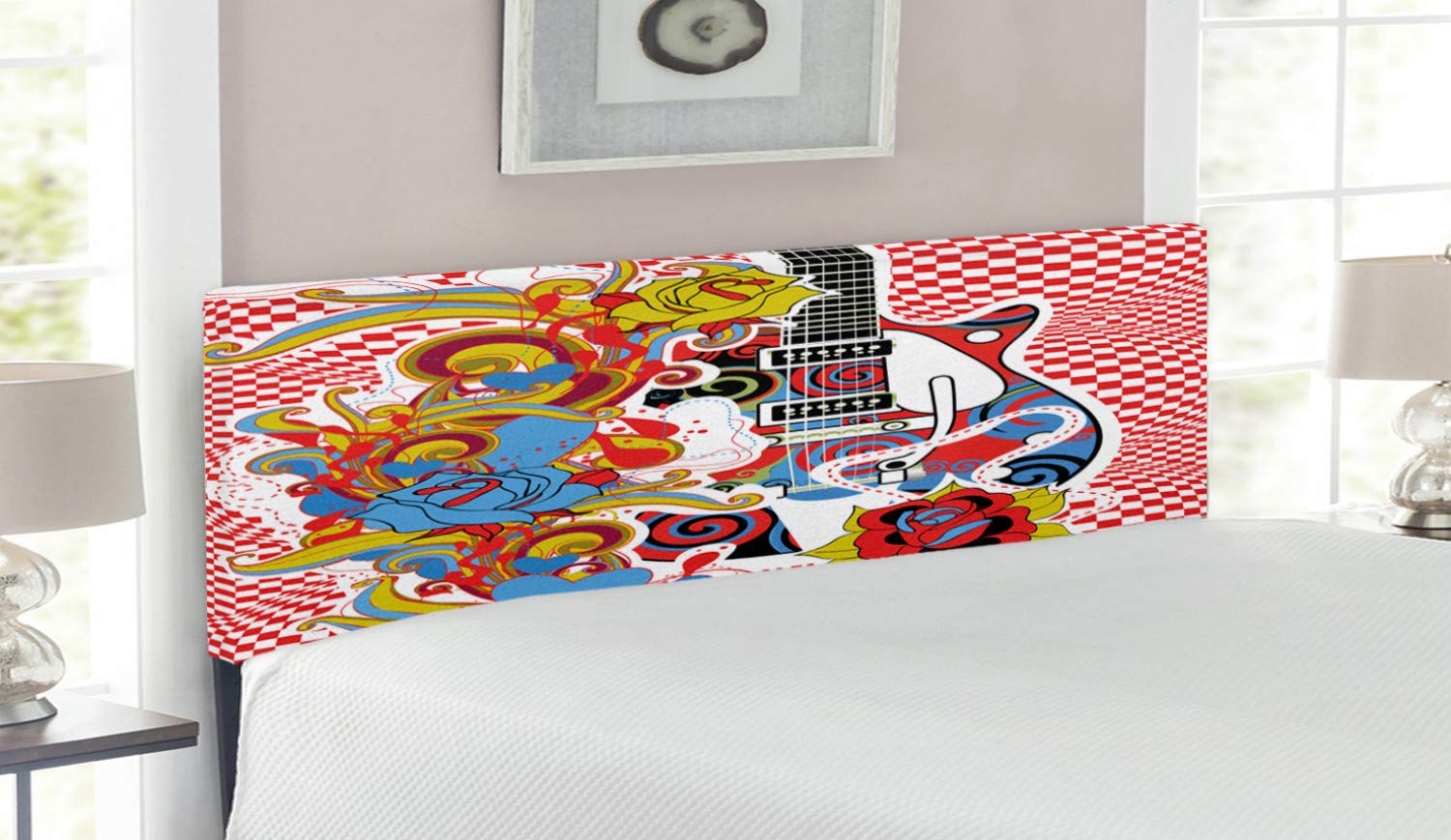 Ambesonne Rock Music Queen Size Headboard - Colorful Abstract Floral & 60s Inspired Guitar Checkered Design, Upholstered Decorative Metal Bed Frame with Memory Foam Support | Perfect for Music Lovers' Bedrooms, Teen Rooms & Retro Themed Decor