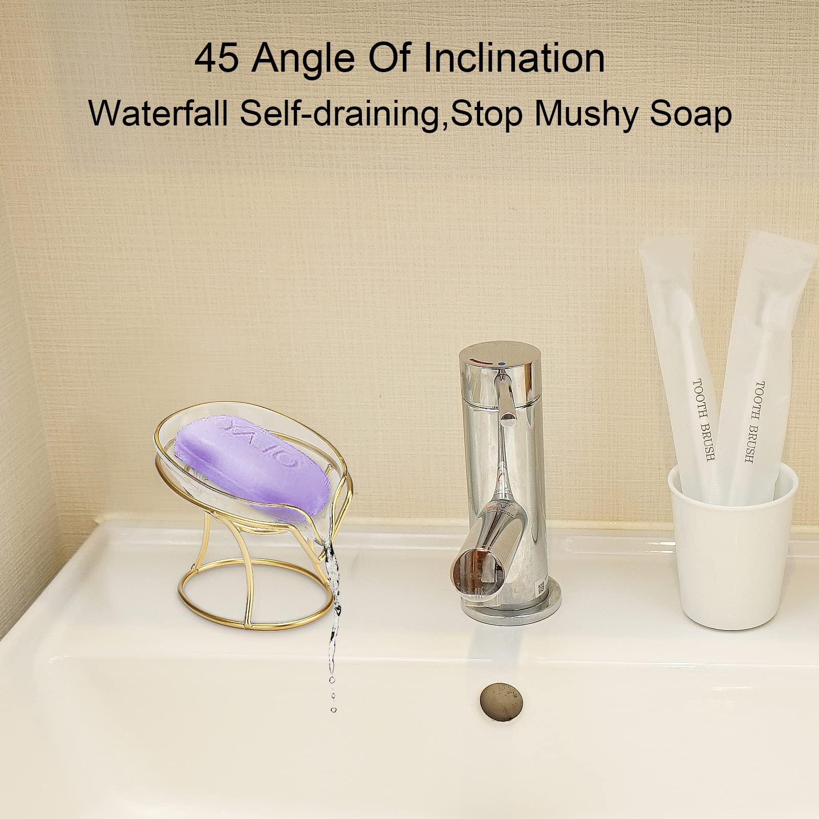 Self-Draining Soap Holder with Gold Iron Frame - Decorative Bathroom & Kitchen Soap Tray - Rustproof Soap Dish for Shower, Sink Countertop - Perfect Home Gift for Modern Bathroom Decor