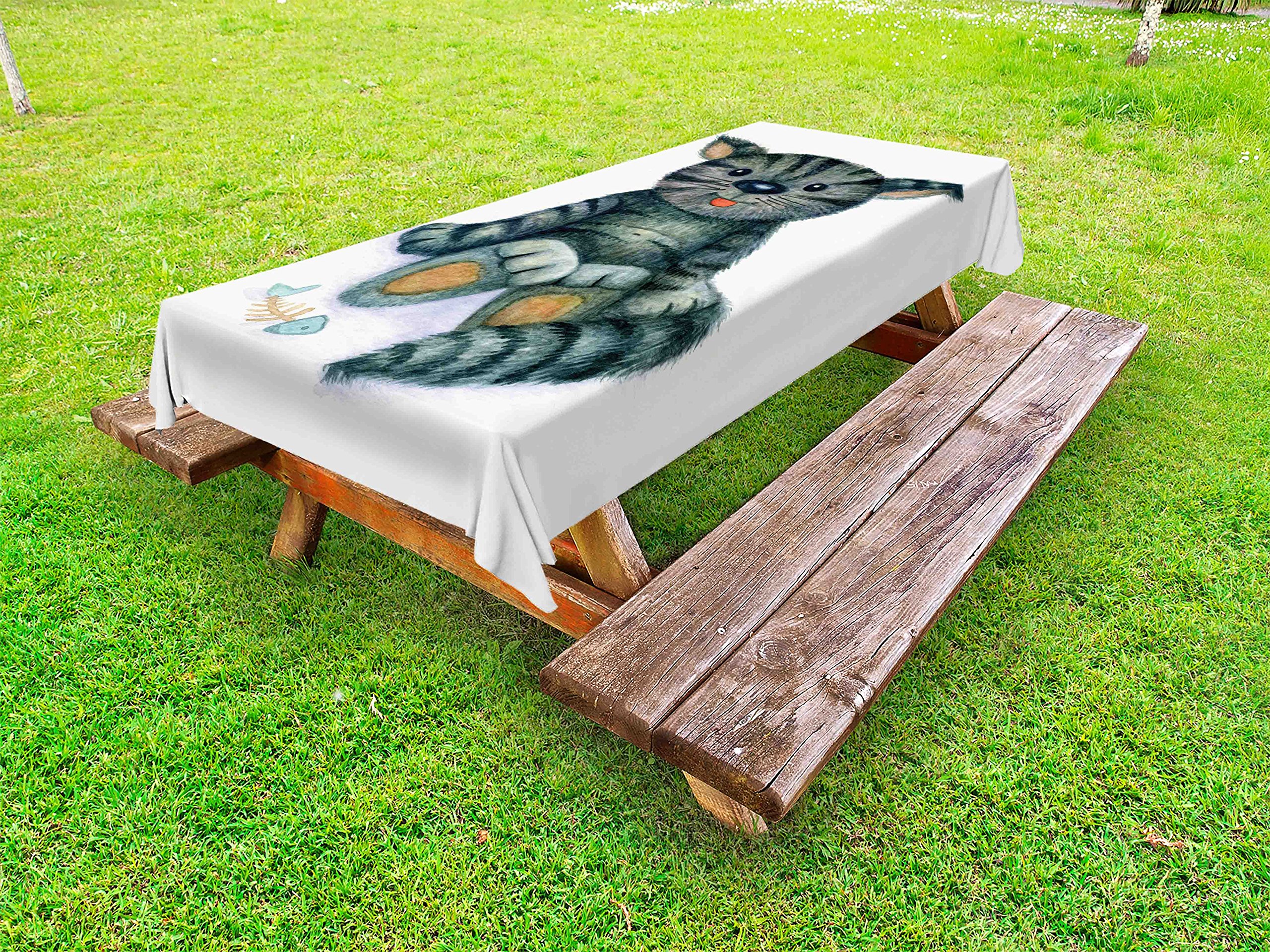 Ambesonne Cat Themed Outdoor Tablecloth - Happy Teddy Cat & Dead Fish Skeleton Cartoon Print, Washable Picnic Table Cover 58x104 Inches, Grey Cream - Perfect for Garden Parties, BBQ Gatherings & Outdoor Dining