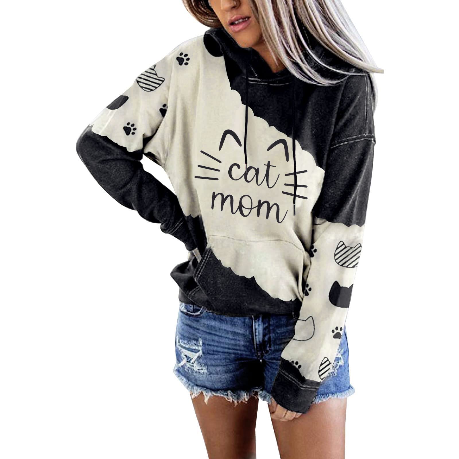 Women's Cat Mom Sweatshirt - Cute Long Sleeve Cat Mama Shirt with Letter Print - Perfect for Cat Lovers, Casual Wear & Gifts