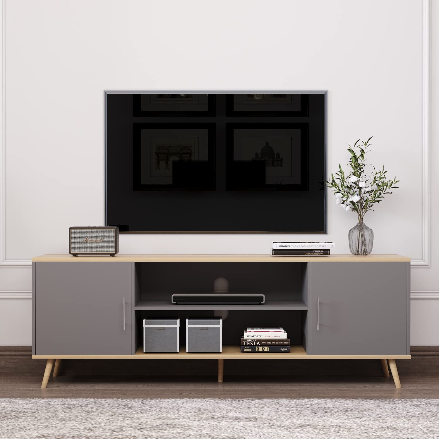 Modern TV Stand for 75 Inch TVs with Storage Cabinet - Mid-Century Design Entertainment Center with Doors & Open Shelves - 70 Inch TV Console for Living Room, Bedroom, Home Office - Perfect for Organizing Media & Decor