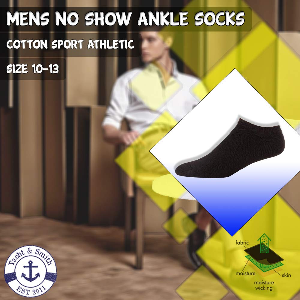 Yacht & Smith Men's No Show Ankle Socks - 12-Pack Cotton Athletic Socks for Sports & Casual Wear (Size 10-13) - Breathable & Comfortable for Running, Gym, and Everyday Use