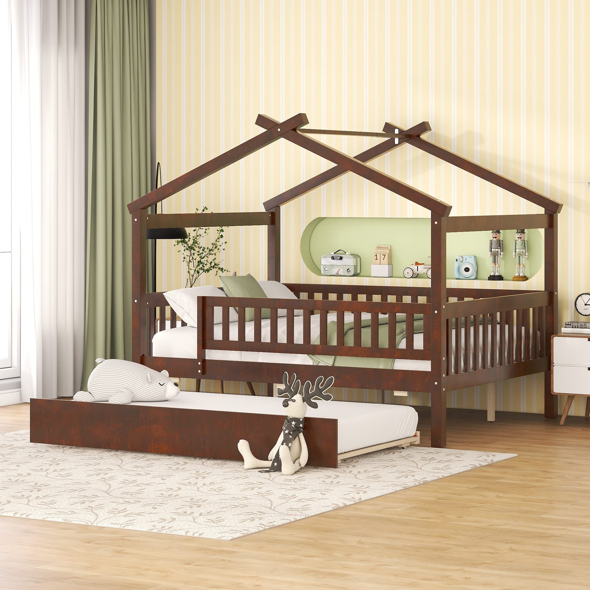 Montessori Full House Bed with Trundle - Wooden Playhouse Bed Frame with Safety Rails & Roof Tent for Kids & Teens - No Box Spring Needed (Walnut) - Perfect for Bedrooms, Playrooms & Montessori Learning Spaces