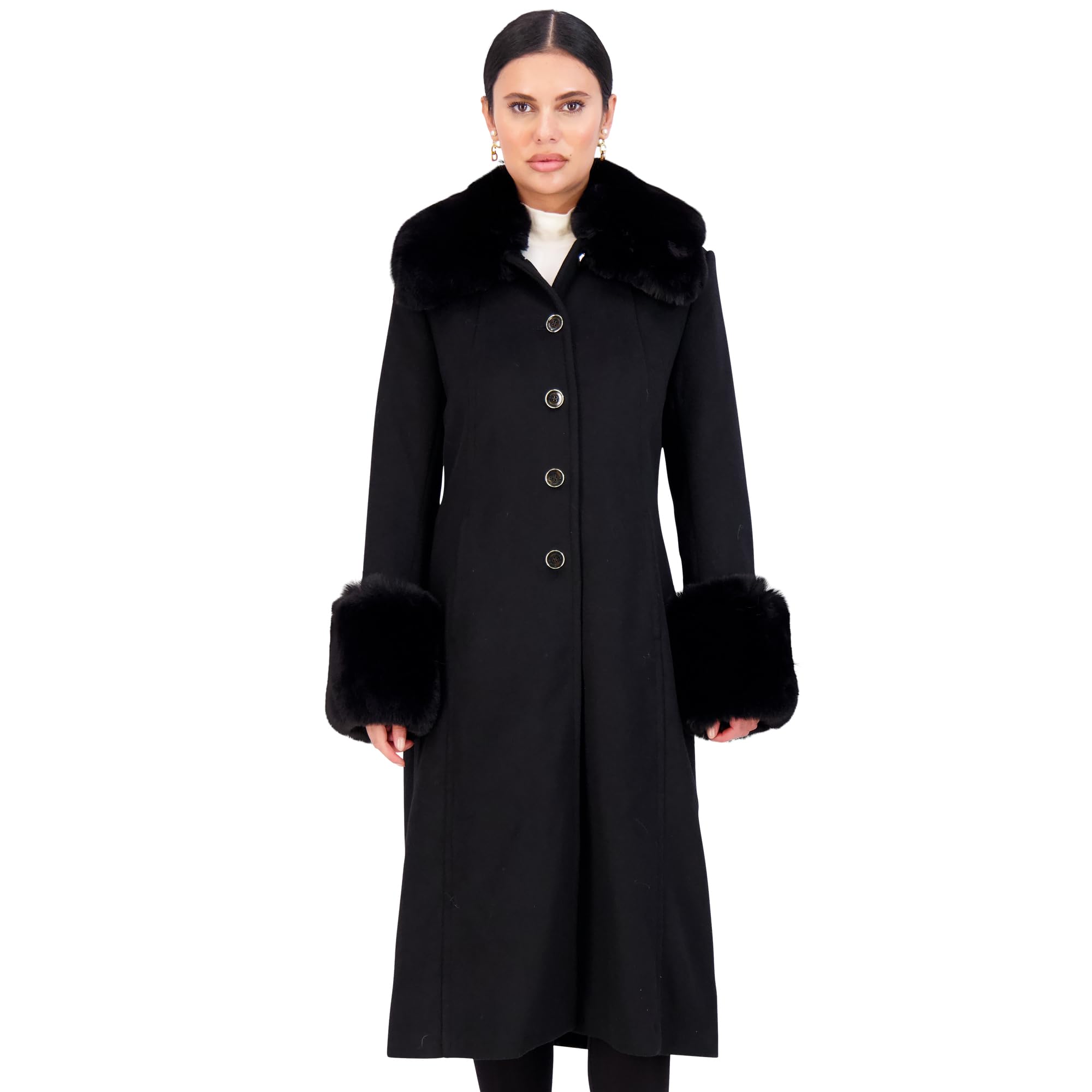 Vince Camuto Women's Wool Trench Coat with Fur Trim - Classic Pea Coat for Fall & Winter, Office Wear & Formal Occasions