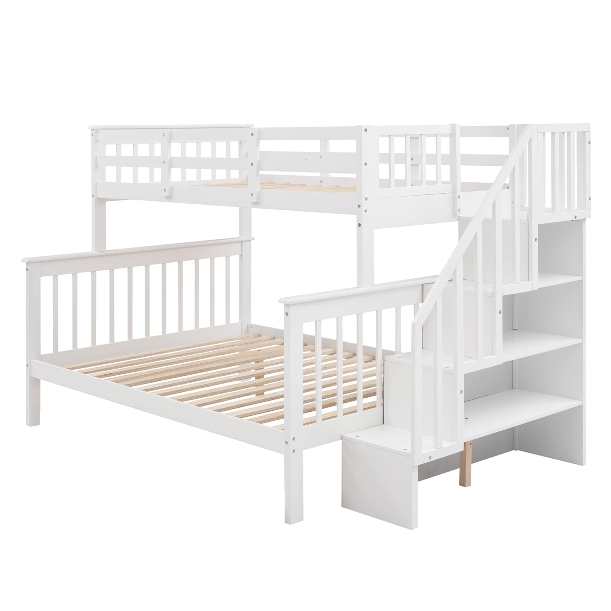Upgraded Solid Wood Twin Over Full Bunk Bed with Storage Stairs & 4 Shelves | Convertible to 2 Separate Beds | Safety Guard Rail | No Box Spring Needed | Perfect for Kids & Teens Bedrooms, Guest Rooms & Small Spaces (White)