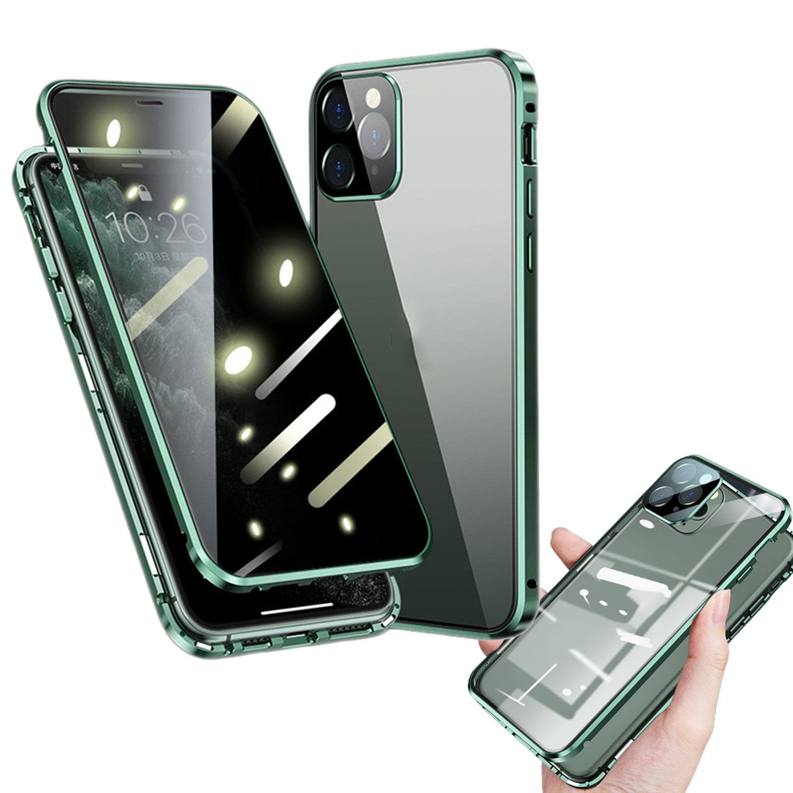 Magnetic Tempered Glass Double-Sided iPhone 12 Pro Max Case - Shockproof Privacy Protection with Strong Magnets - Slim Fit Green Phone Cover for Work, Travel & Everyday Use