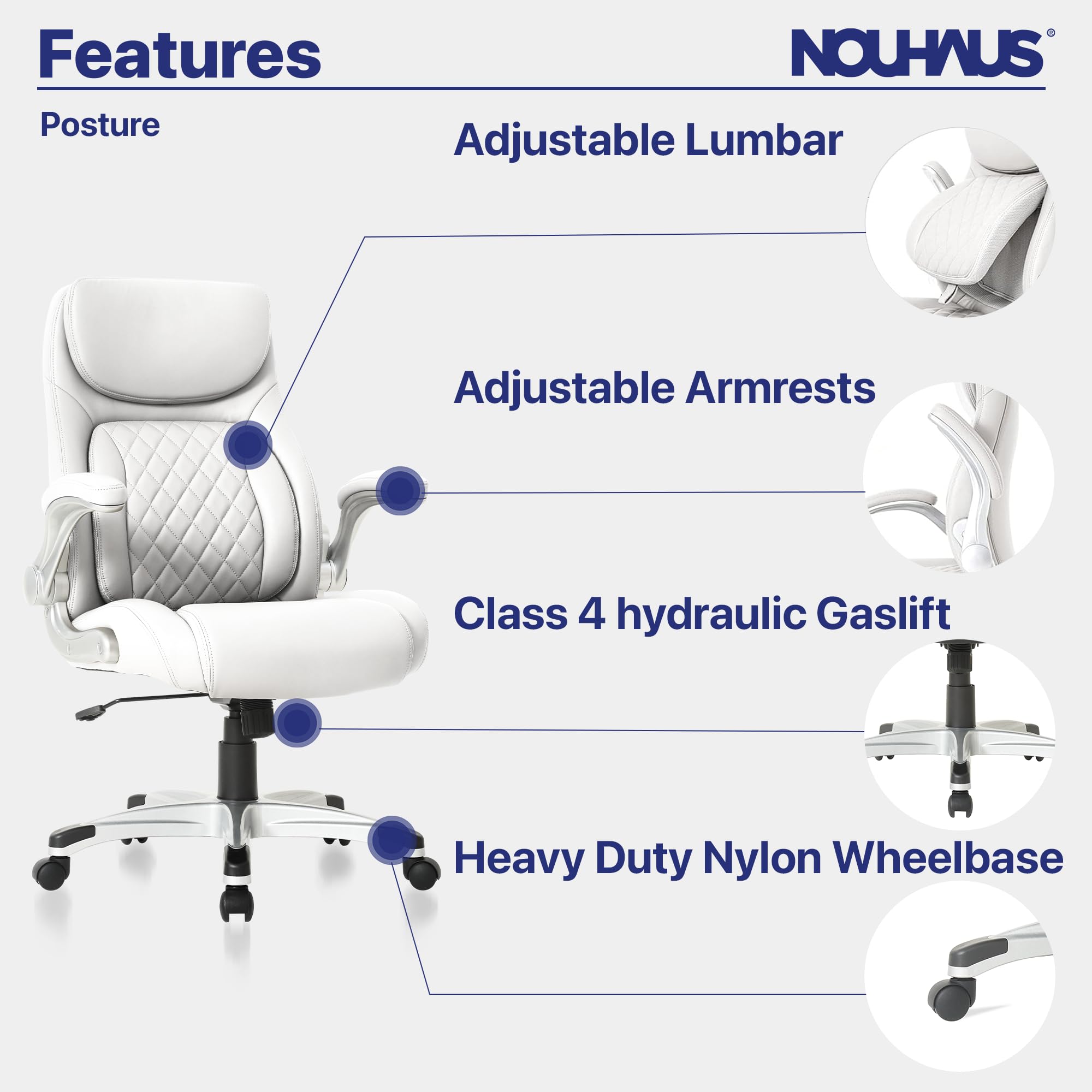 Nouhaus Ergonomic Office Chair with Posture Support - PU Leather Executive Desk Chair with Adjustable Lumbar Support & Flip-Up Armrests - Modern Computer Chair for Home & Office Workspace (White)