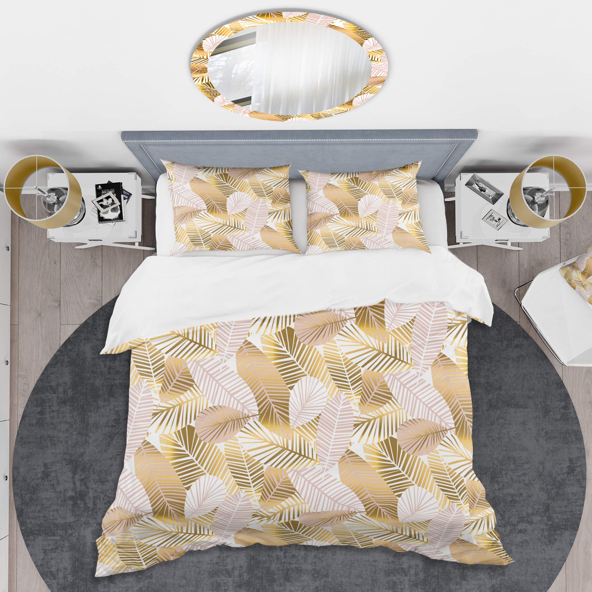 DesignQ Golden Palm Leaves Mid-Century Modern Duvet Cover Set - Twin Size 3-Piece All Season Bedding in Gold | Bohemian Chic Home Decor for Guest Rooms & Vacation Rentals