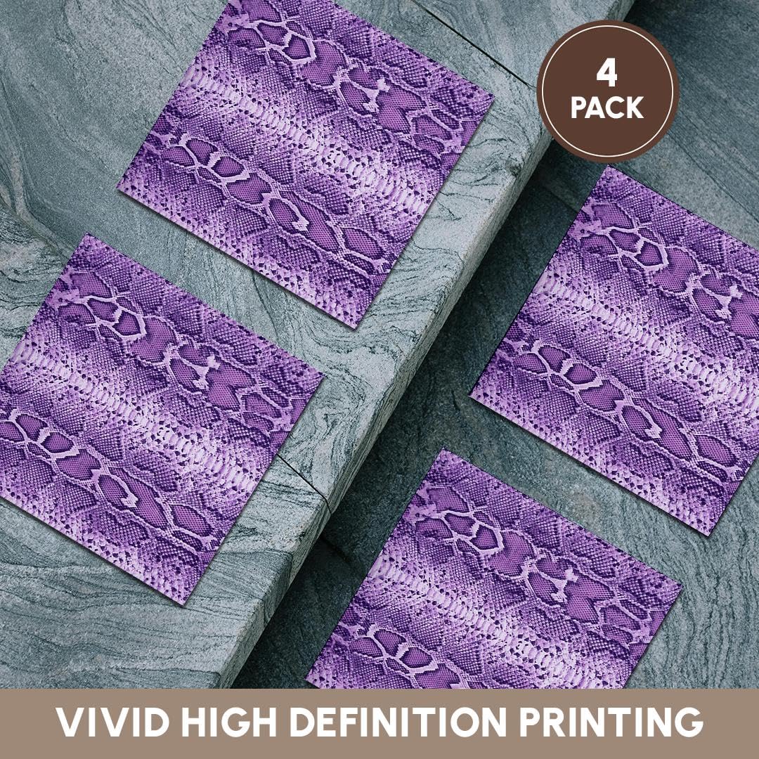 3D Rose Purple Snakeskin Animal Print Ceramic Tile Coasters - Set of 4 for Coffee Table, Bar, and Home Decor - Unique Gift Idea for Housewarming Parties