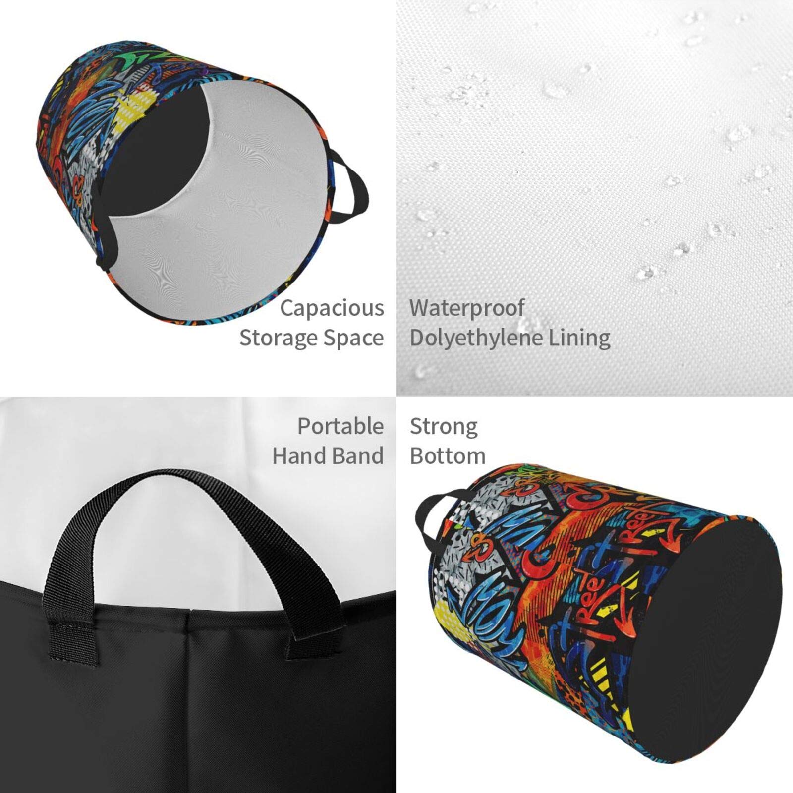 Abstract Grunge Graffiti Pattern Collapsible Laundry Basket with Handle - Waterproof Fabric Hamper for Clothes, Toys & Storage - Large Organizer Bin for Bedroom, Bathroom & Laundry Room